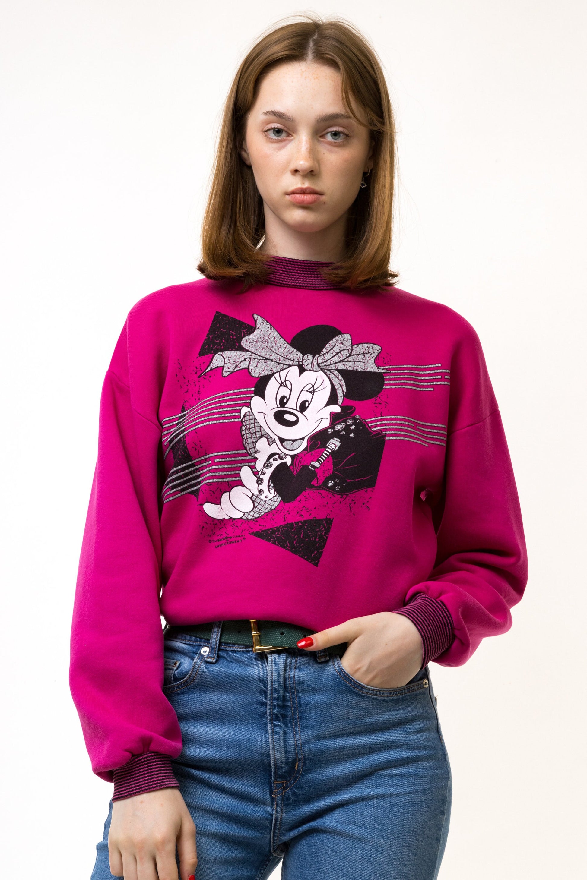 90s Vintage Woman Disneyland Disney Minnie Pink Rainbow Sweatshirt AmericanWear Jumper size Medium