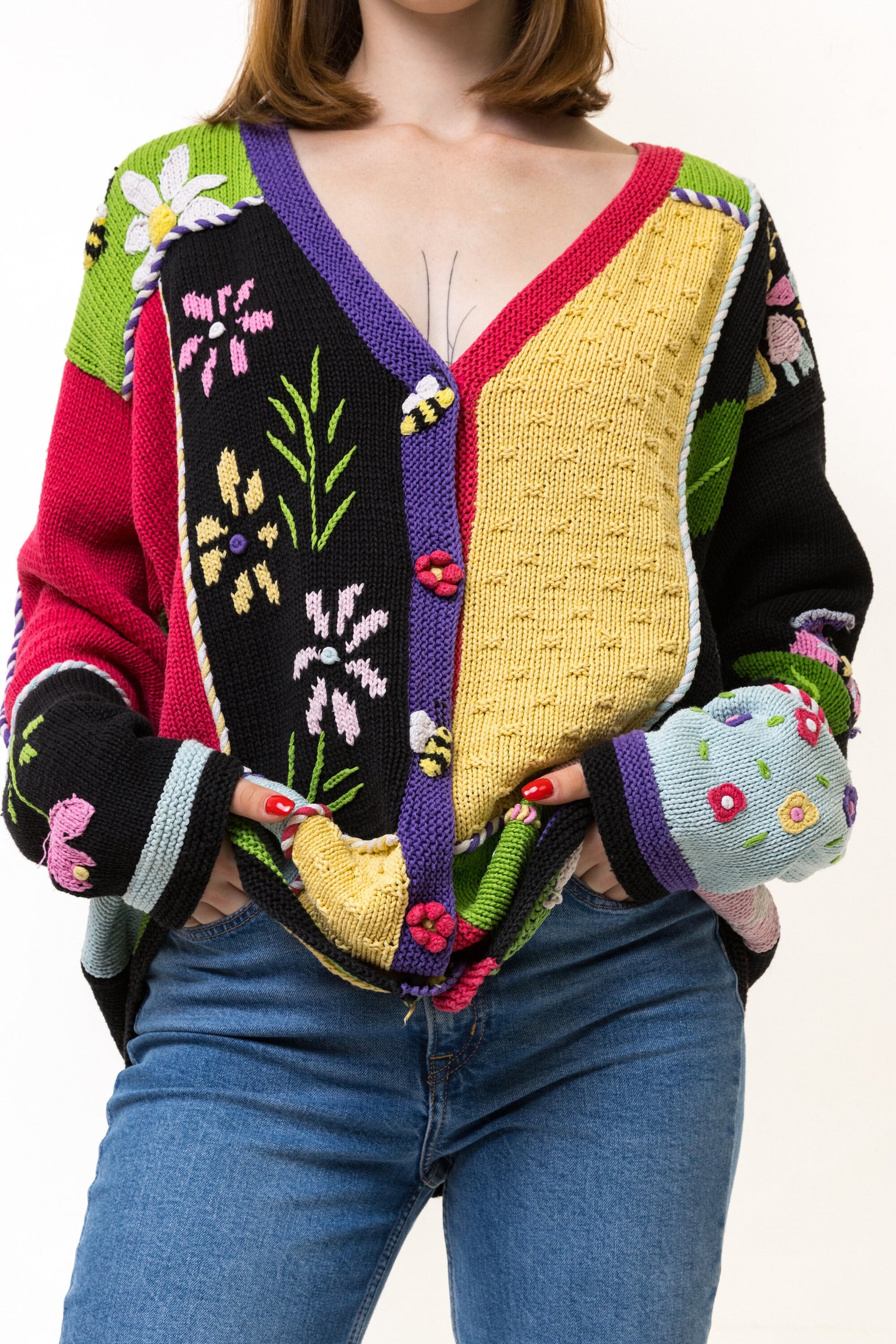 80s Vintage Woman Handknitted Knit Multicolor Rainbow Floral Abstract Cardigan Jumper Woman Streetwear Rave Clothing One Size Fit