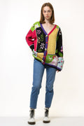 80s Vintage Woman Handknitted Knit Multicolor Rainbow Floral Abstract Cardigan Jumper Woman Streetwear Rave Clothing One Size Fit