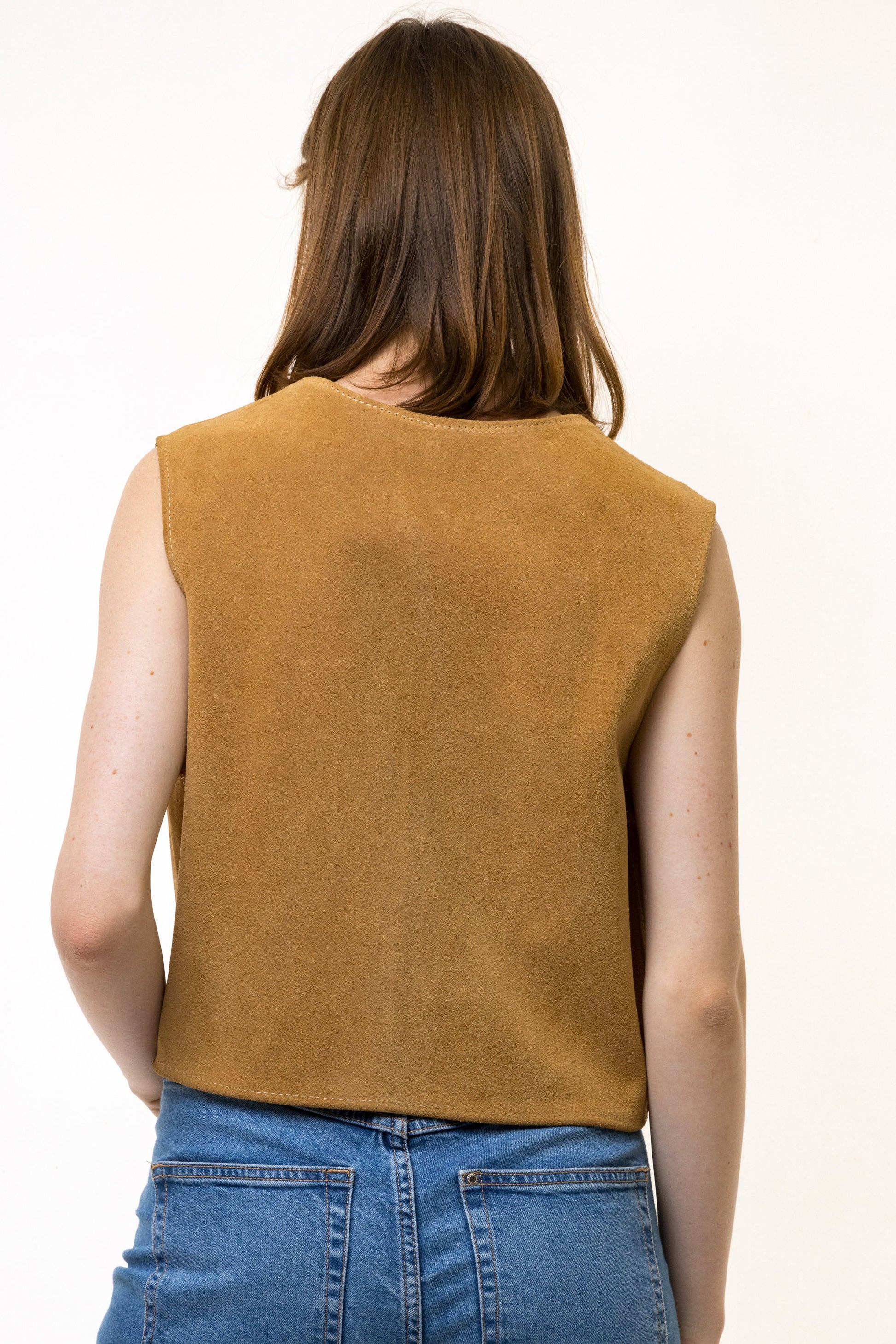 Vintage Suede Vest made in USA, Women Medium Size Top, Brown Suede Vest, Southwest Leather Top, Camel Brown Vest