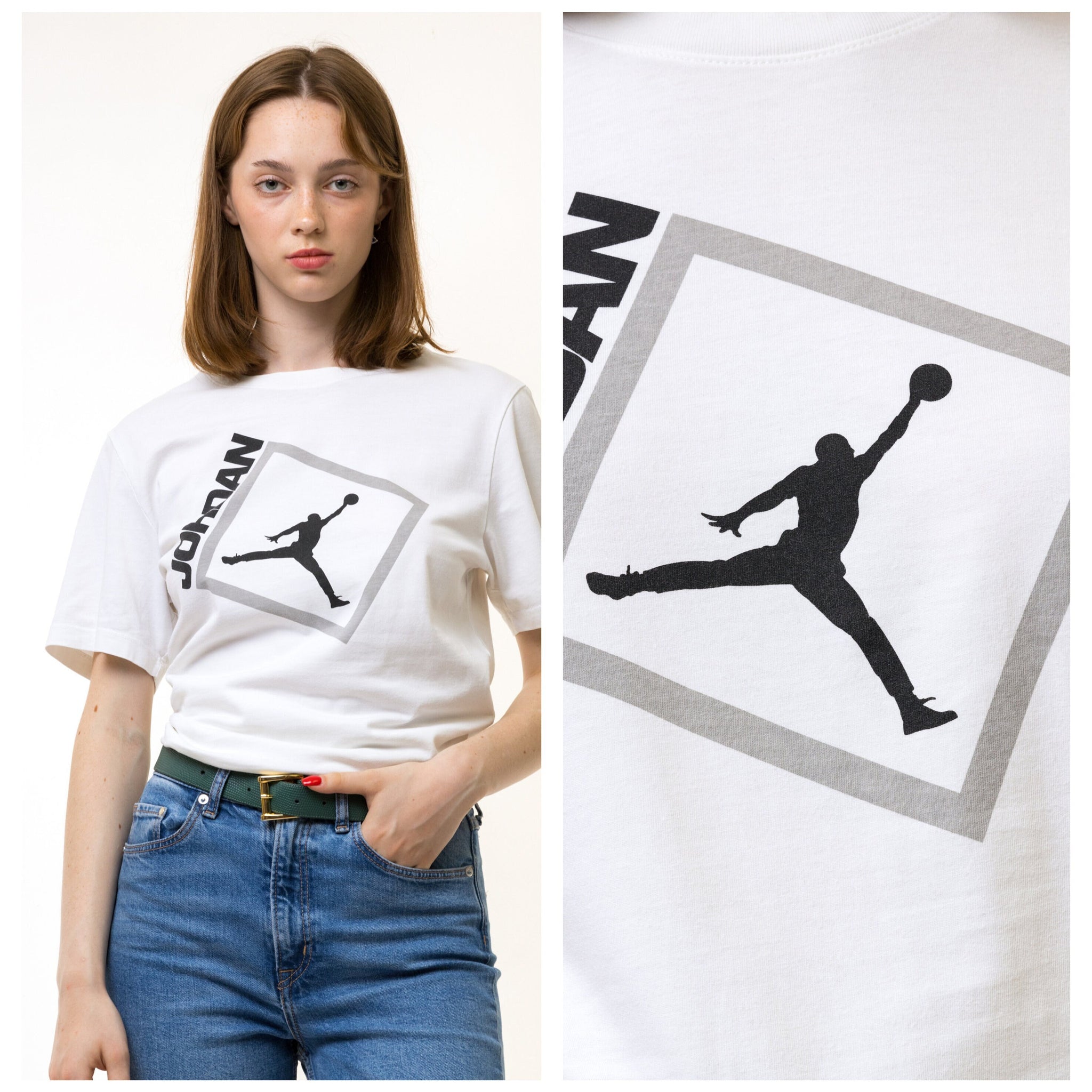 Vintage NIKE AIR JORDAN Big Logo Authentic T-Shirt White Gray Cotton Athletic Tee Retro 90's 80's Rare Size S Sport Hip Hop Style