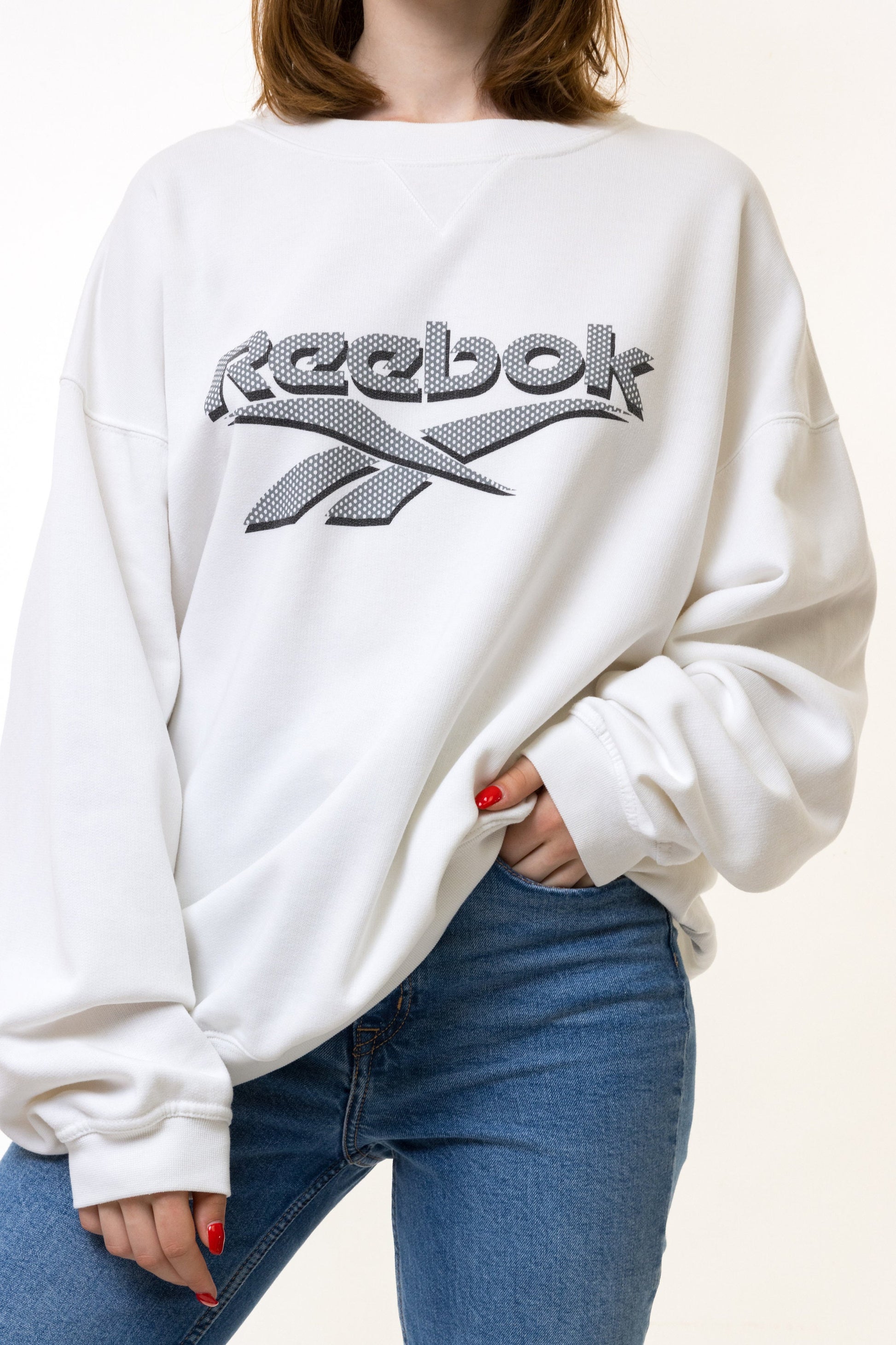 90s Vintage Reebok Sweatshirt White Sweatshirt Reebok Size Men's L Retro 90's Rave Classic Athletic Sport Style Big Logo Pullover