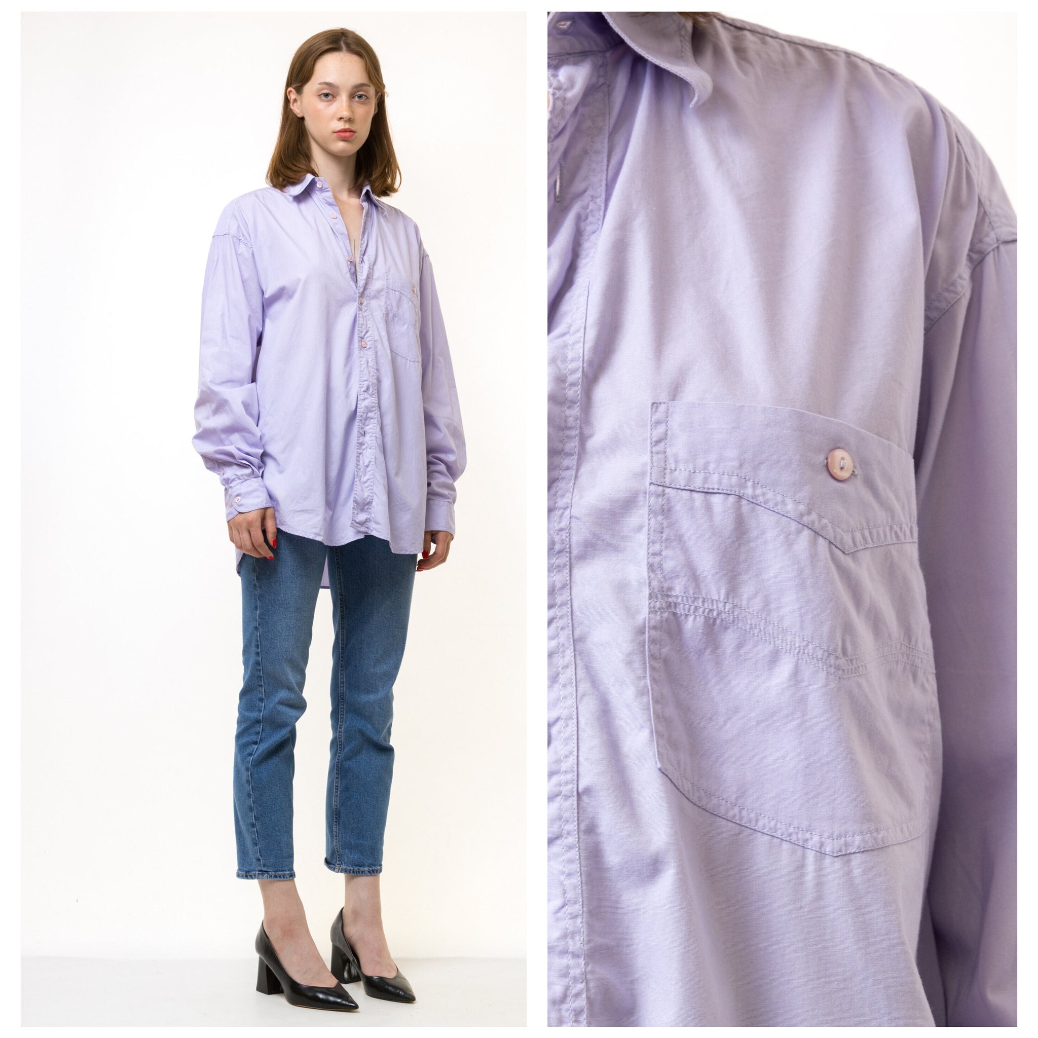 80s Vintage Woman Oversize Relaxed Fit Long Sleeve Festival Shirt Purple Blouse with Long Sleeve Unisex Men's Tag Medium