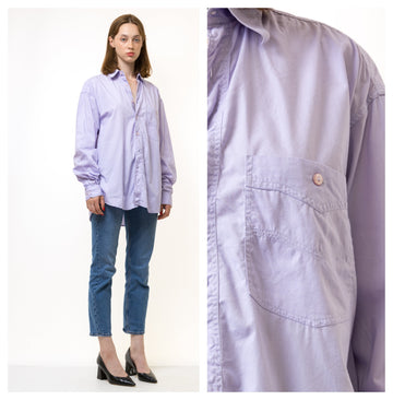 80s Vintage Woman Oversize Relaxed Fit Long Sleeve Festival Shirt Purple Blouse with Long Sleeve Unisex Men's Tag Medium