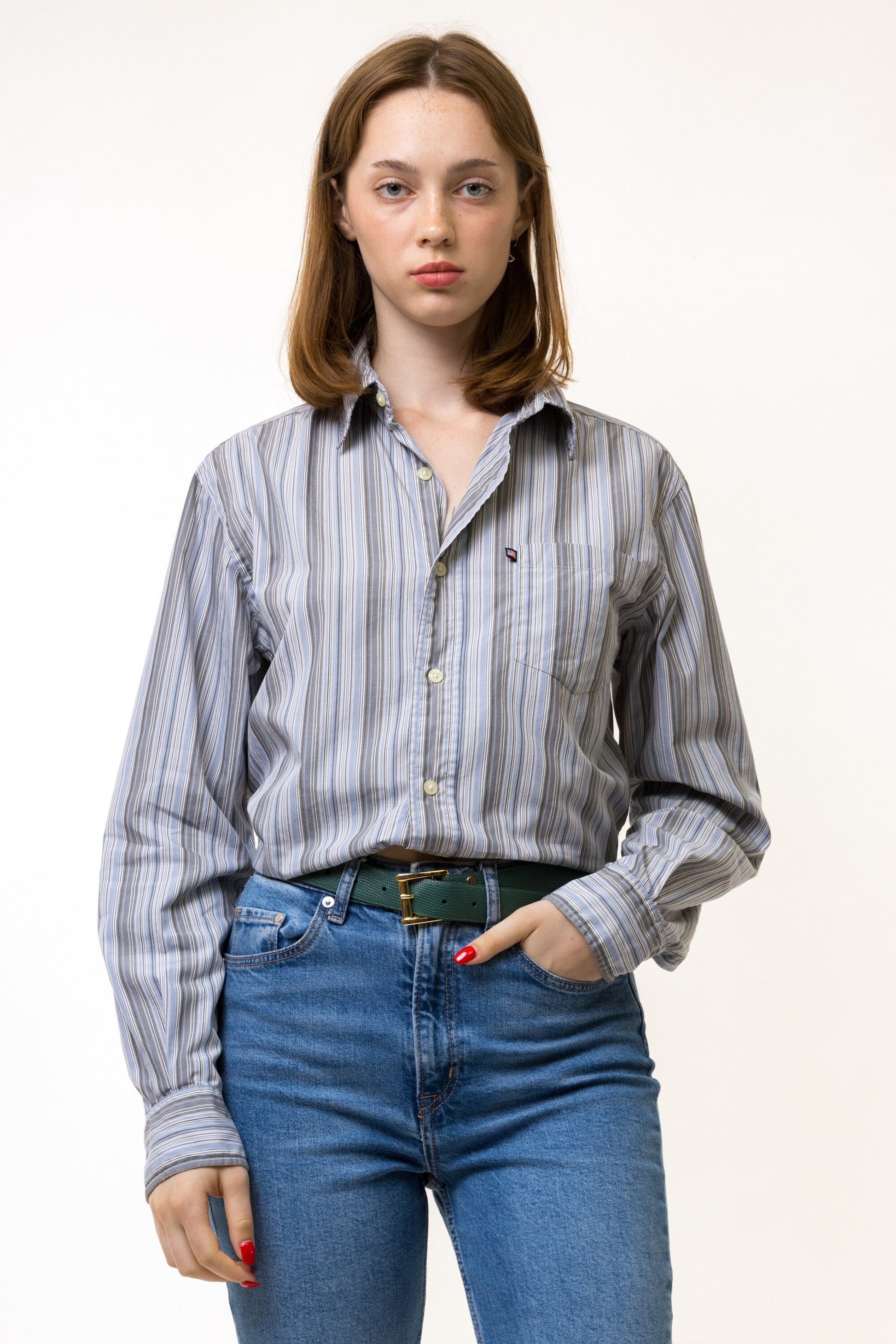 Vintage Ralph Lauren Blue Cotton Logo Long Sleeve Buttons Up Woman Shirt/ Vintage Ralph Lauren Unisex Striped Small Woman Shirt