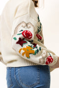 Vintage White Knitted Embroidered Women's Acryl Sweater Embroidered Multi Small Flowers Sweater Pullover Vintage Pullover Small size