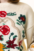 Vintage White Knitted Embroidered Women's Acryl Sweater Embroidered Multi Small Flowers Sweater Pullover Vintage Pullover Small size