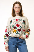 Vintage White Knitted Embroidered Women's Acryl Sweater Embroidered Multi Small Flowers Sweater Pullover Vintage Pullover Small size