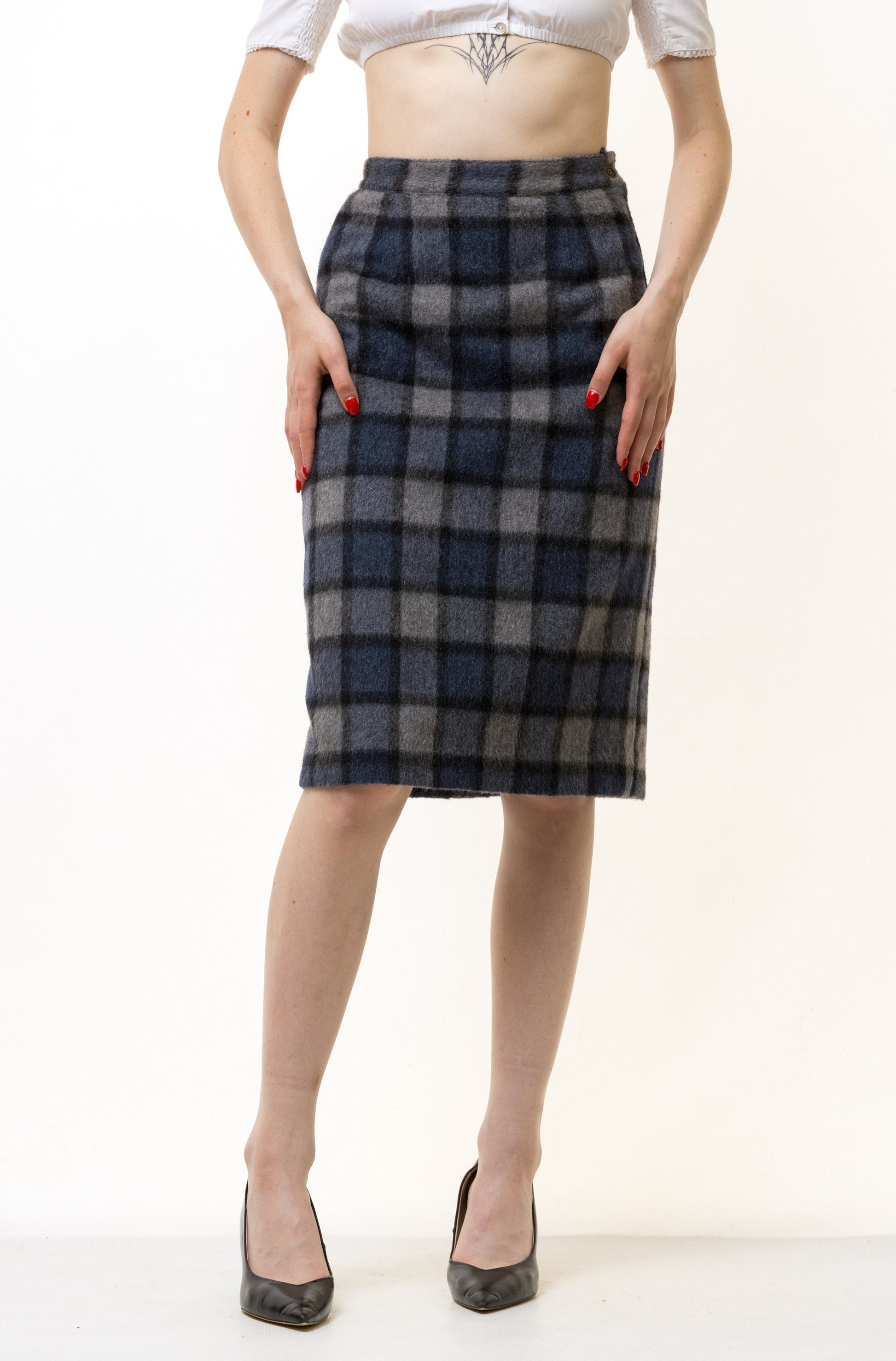 60s Vintage Wool Tartan Skirt Pencil Plaid Mini High Waist 60s S Small