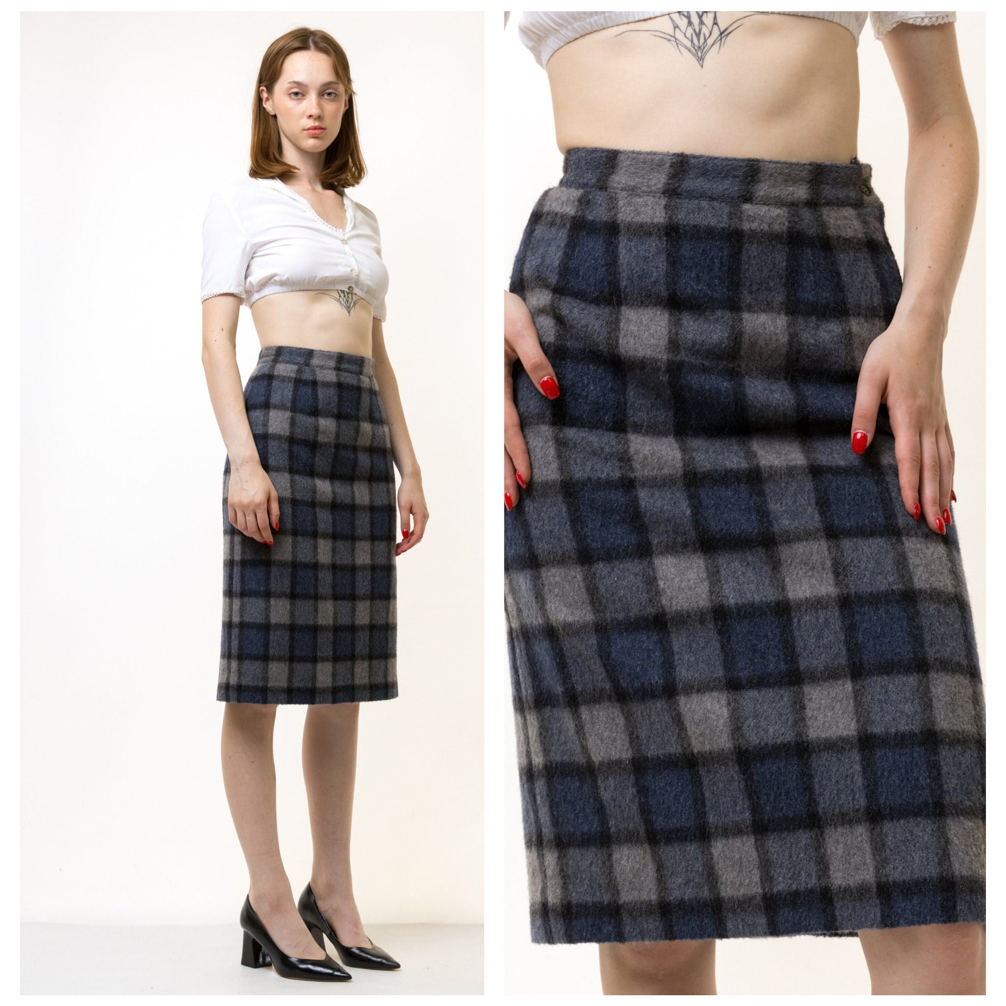 60s Vintage Wool Tartan Skirt Pencil Plaid Mini High Waist 60s S Small