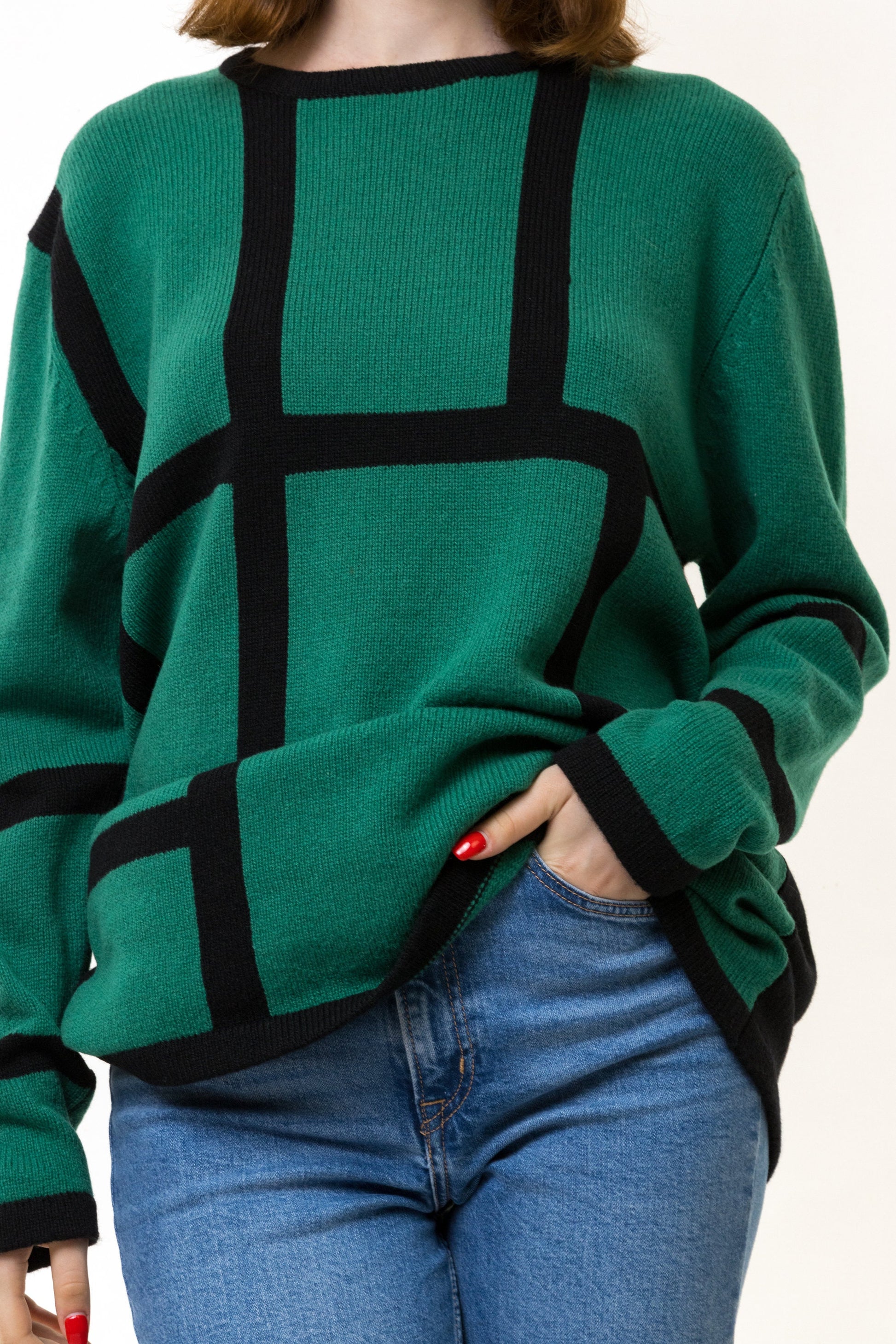 80s Vintage Retro Wool Abstract Striped Sweater Woman Jumper Size L Large/ Vintage Woman Green Black Streetwear Wool Sweater size L