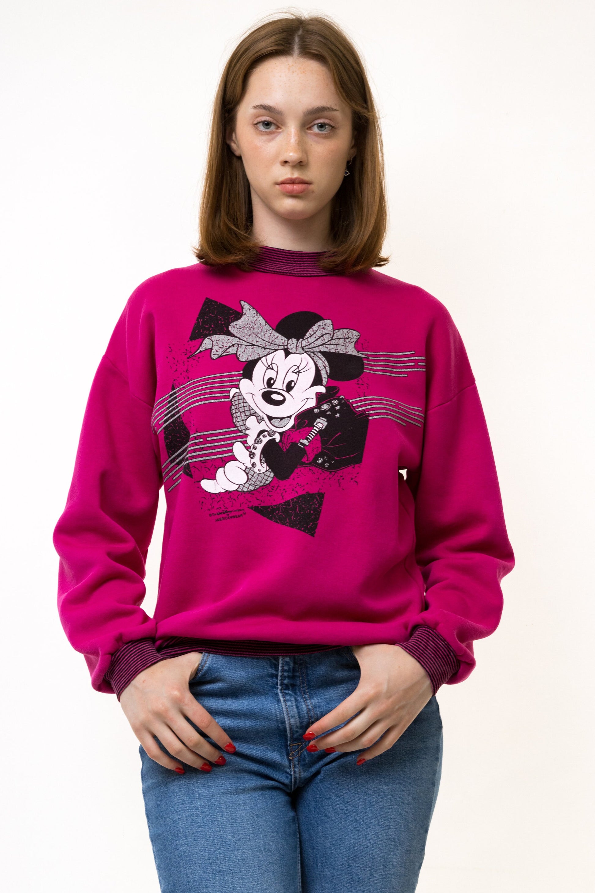 90s Vintage Woman Disneyland Disney Minnie Pink Rainbow Sweatshirt AmericanWear Jumper size Medium