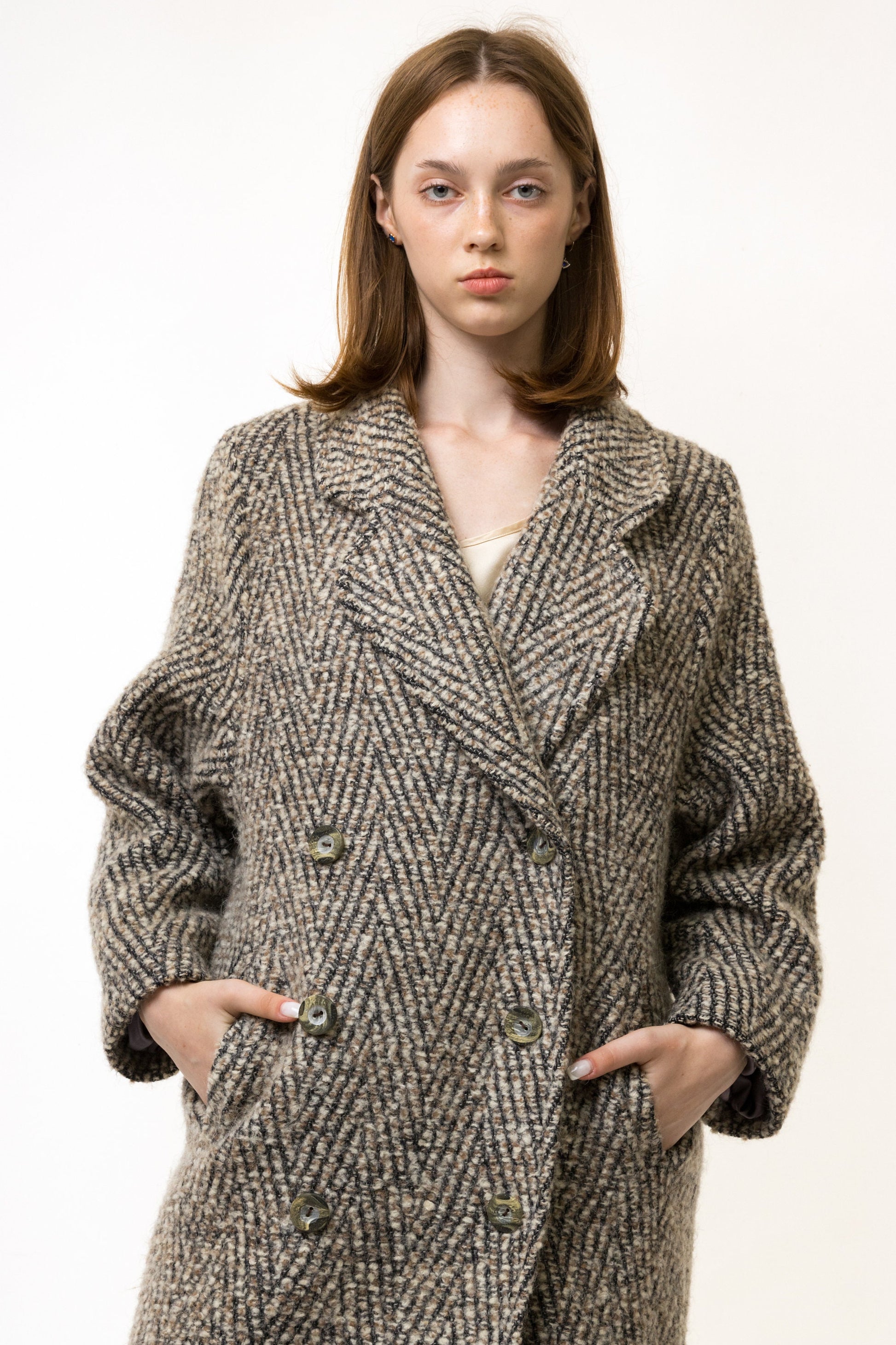 60s Vintage Rare A Line Wool Woolmark Long Sleeve Beige Midi Buttons Long Style Coat Size Small, Woman Midi Wool Coat