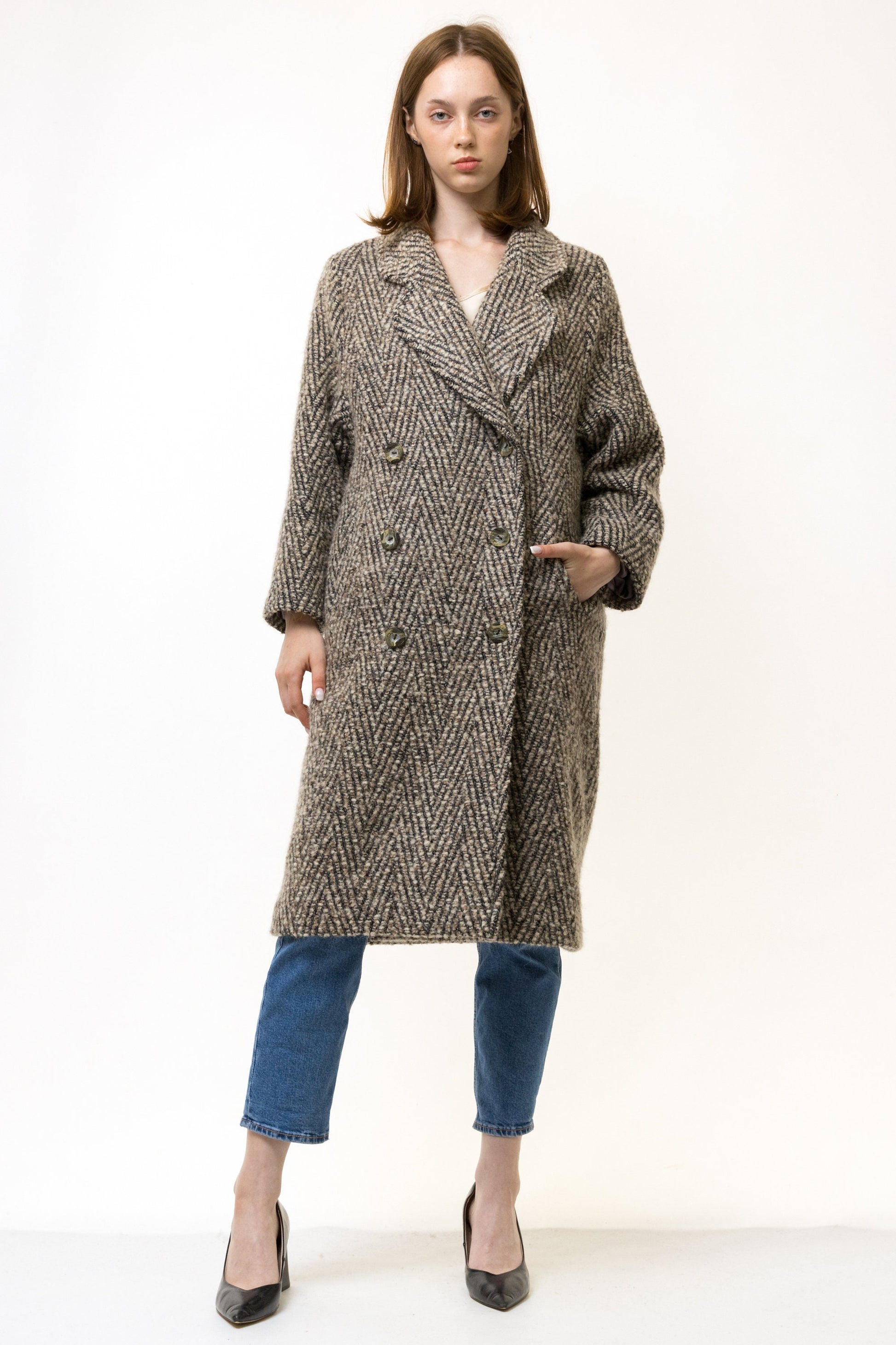 60s Vintage Rare A Line Wool Woolmark Long Sleeve Beige Midi Buttons Long Style Coat Size Small, Woman Midi Wool Coat