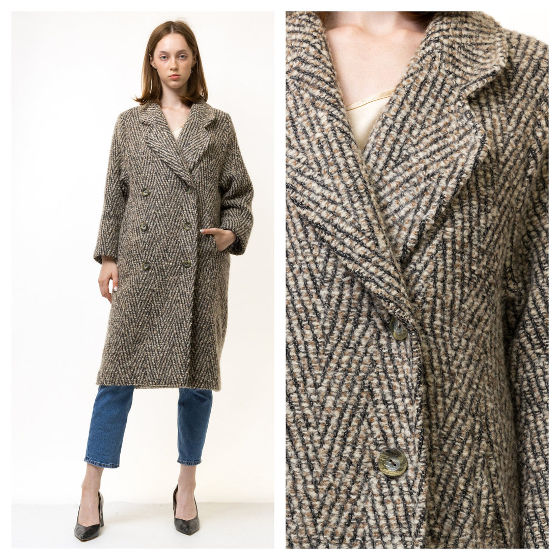 60s Vintage Rare A Line Wool Woolmark Long Sleeve Beige Midi Buttons Long Style Coat Size Small, Woman Midi Wool Coat