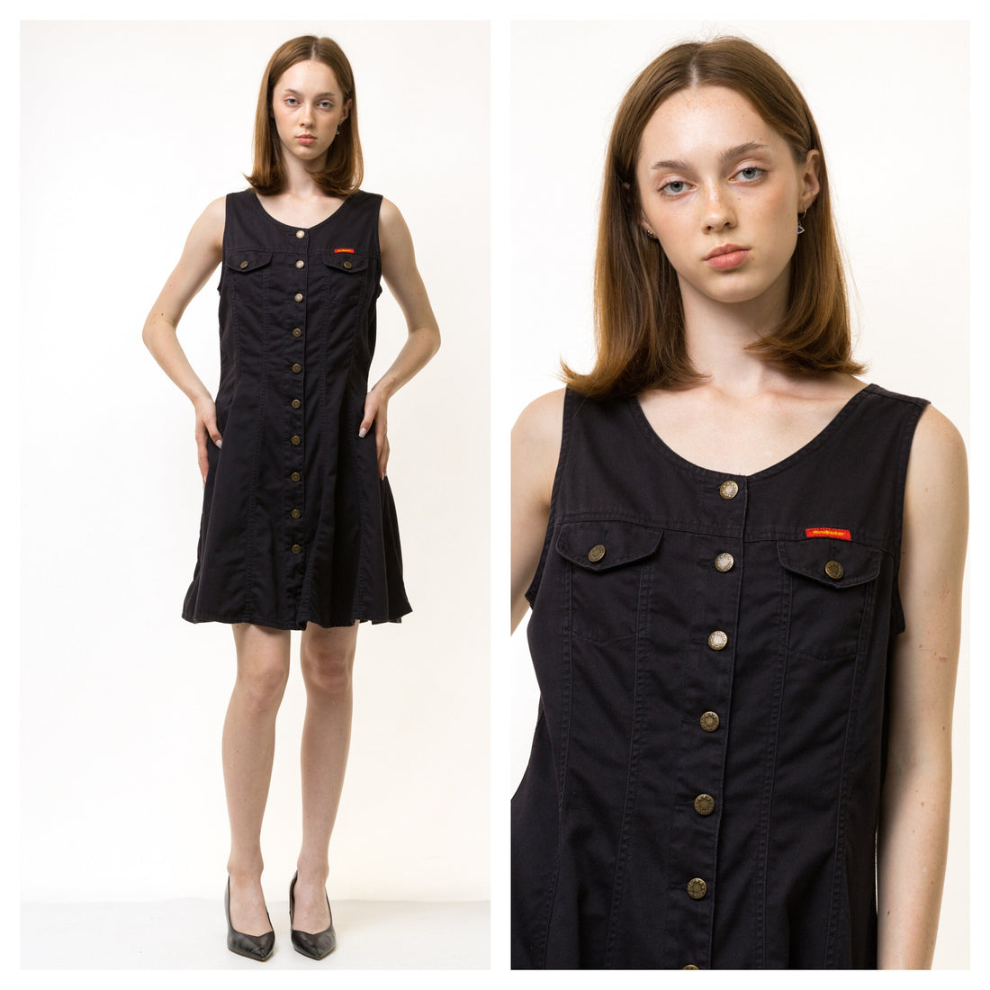 80s Vintage Woman Black Denim Sleeveless Grunge Mini Style Dress size Medium Vintage Woman Mini Denim Dress size 40 M