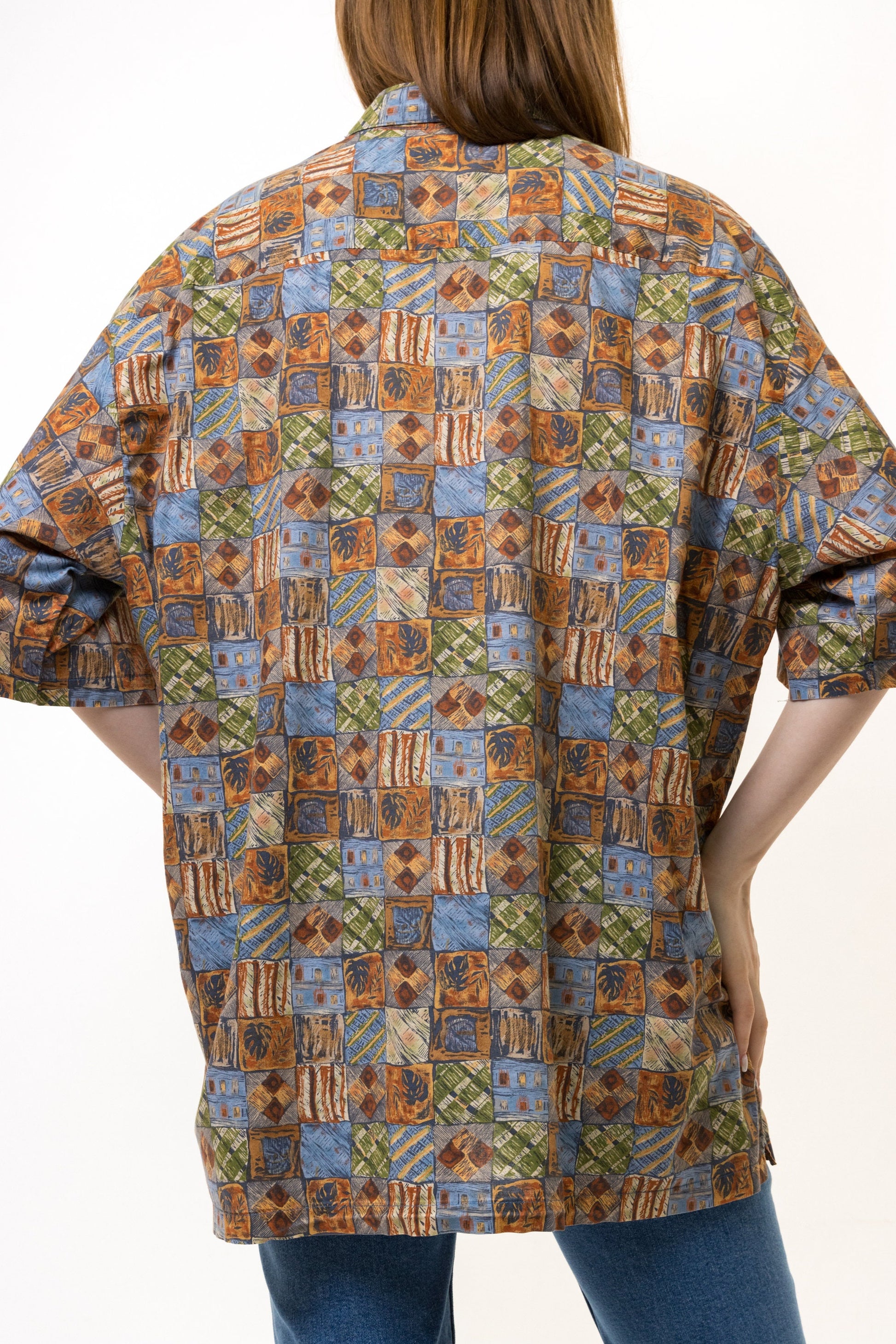 80s Vintage Viscose Abstract Pattern Natural Fabric Short Sleeve in Pattern Shirt Buttons Up Blouse size Unisex Large