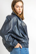 Leather Moto Bomber Jacket Women Vintage 80s Bomber Biker Jacket Blue Motorcycle 80s Grunge Jacket Blue Leather Jacket Size Small