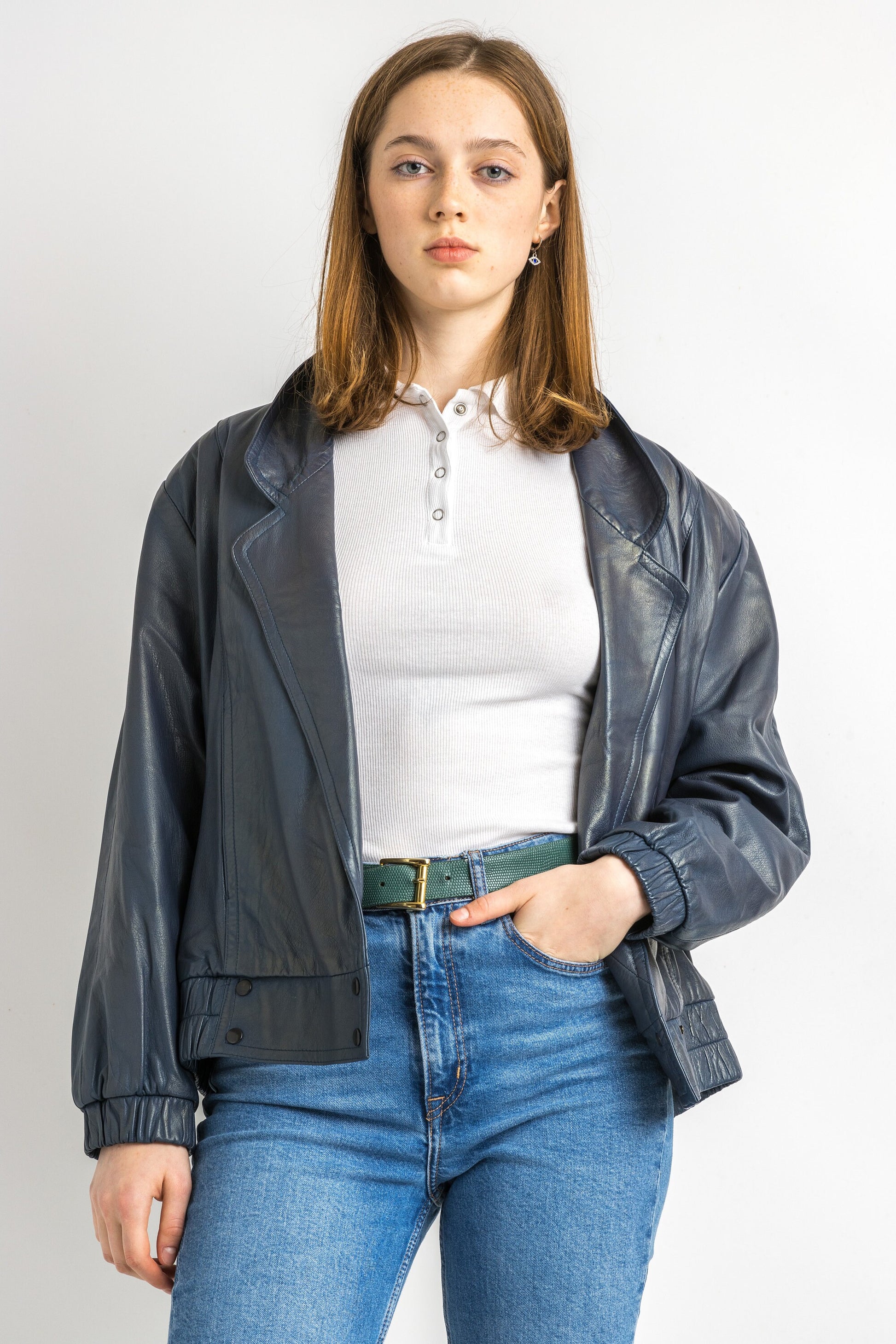 Leather Moto Bomber Jacket Women Vintage 80s Bomber Biker Jacket Blue Motorcycle 80s Grunge Jacket Blue Leather Jacket Size Small