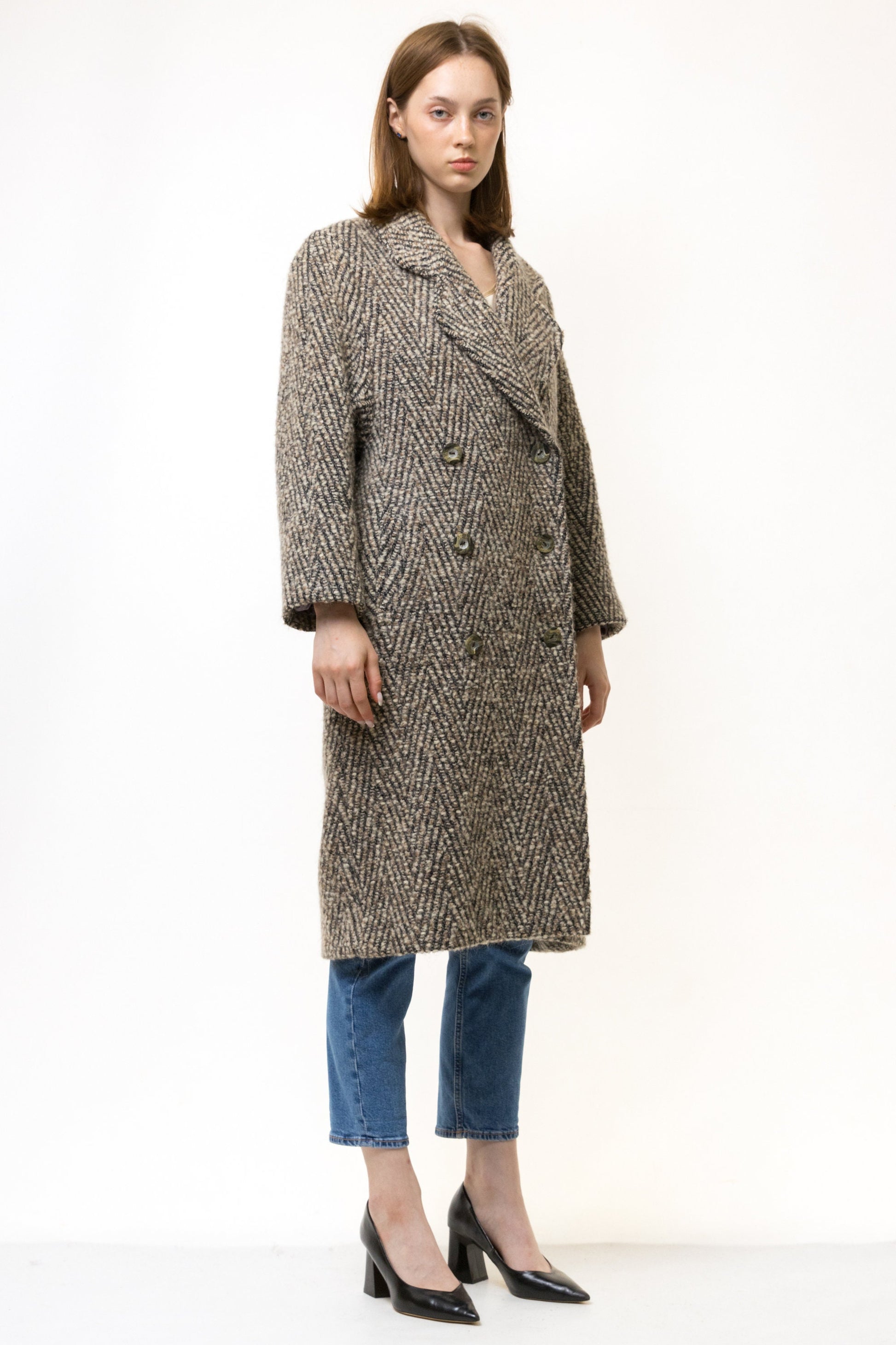 60s Vintage Rare A Line Wool Woolmark Long Sleeve Beige Midi Buttons Long Style Coat Size Small, Woman Midi Wool Coat