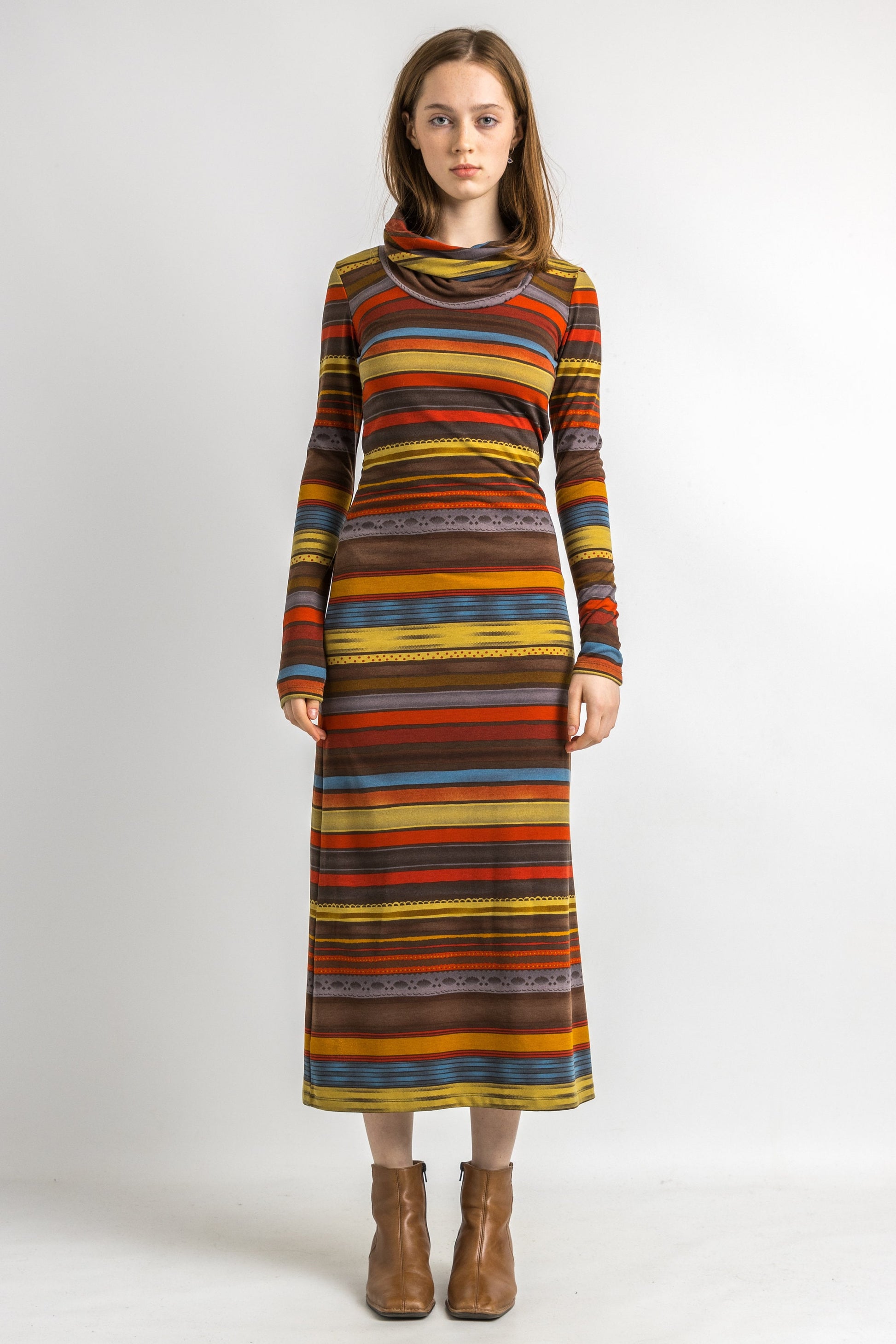 80s Vintage Missoni Italian Striped Turtleneck Rainbow Woman Small Dress with Long Sleeve Maxi Long Length