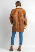 80's Shearling Coat vintage brown sheepskin shearling winter classic raglan sleeve patchwork overcoat sustainable fashion size L Large