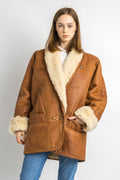 80's Shearling Coat vintage brown sheepskin shearling winter classic raglan sleeve patchwork overcoat sustainable fashion size L Large