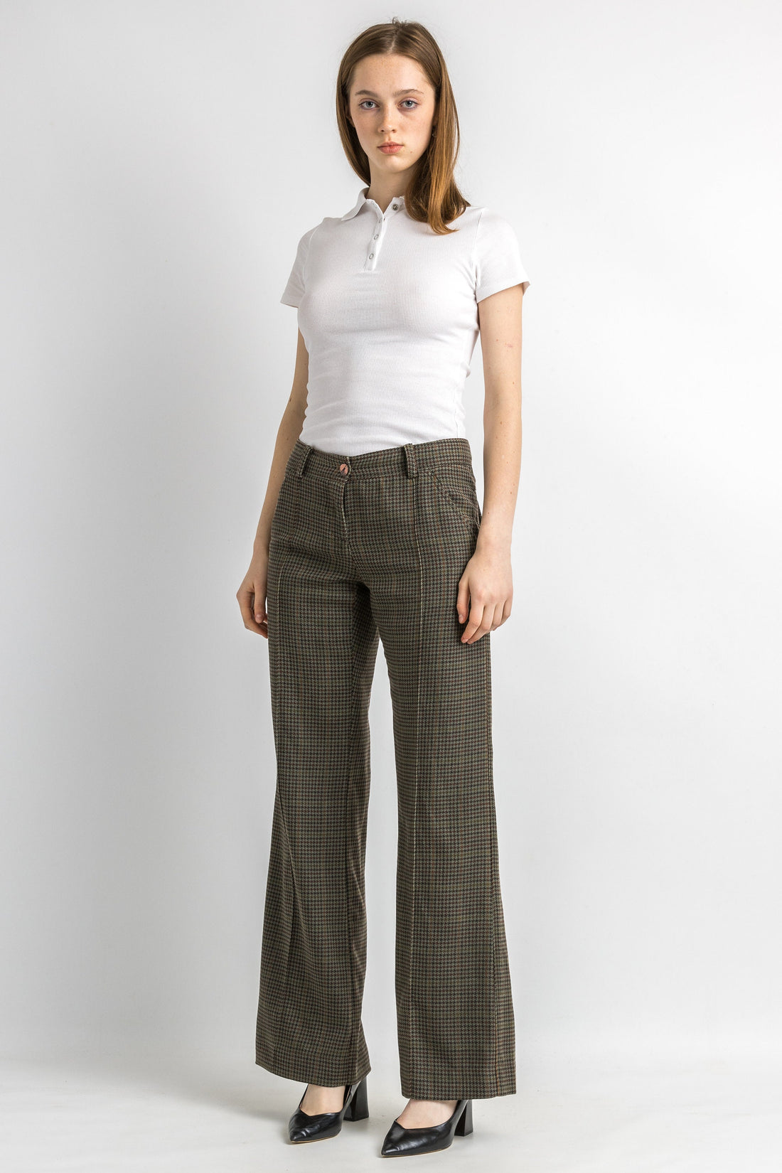 90s Vintage Vtg Rare Patrizia Pepe Brown Fall 100% Wool Checked Mid Waisted Moms Trousers size 42 Small