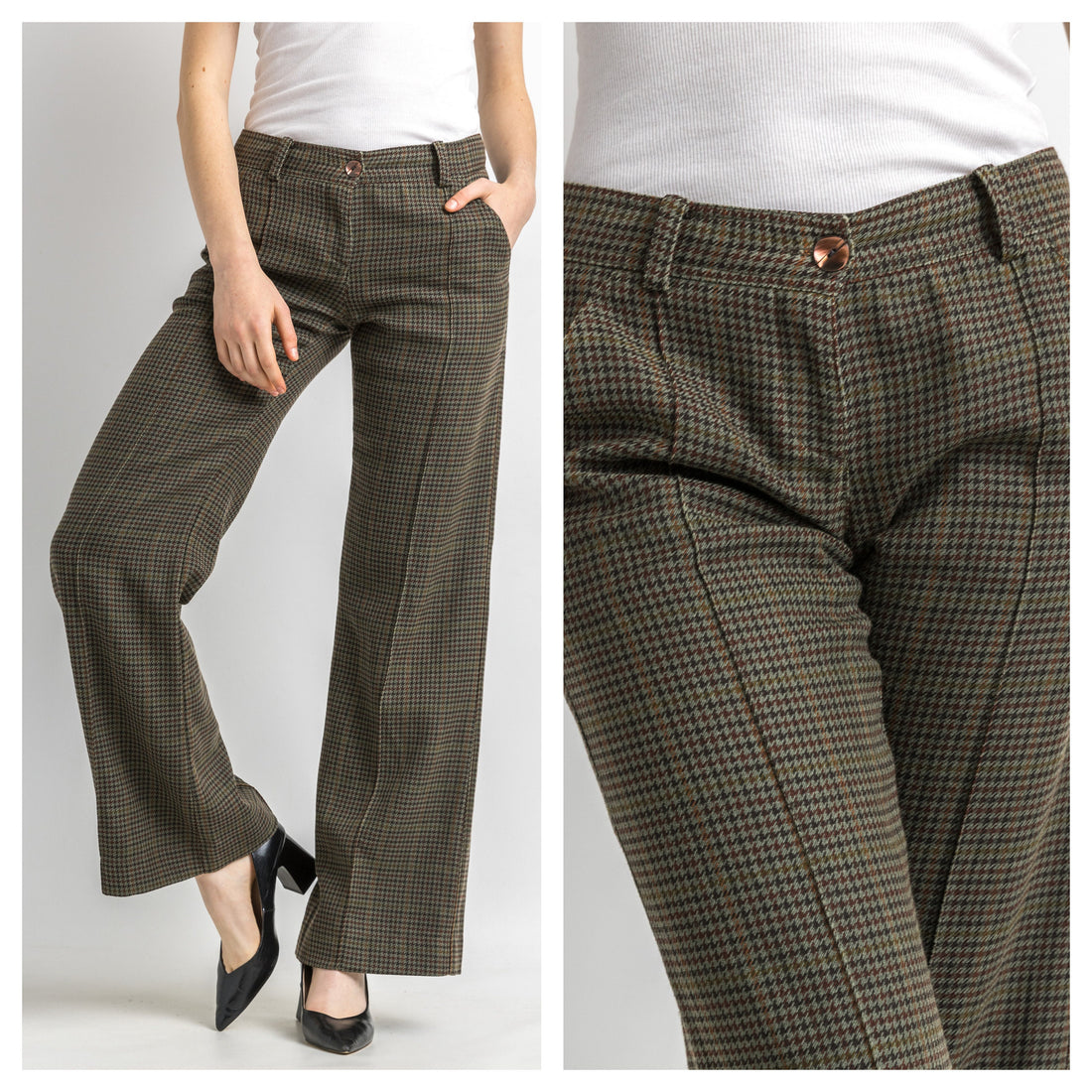 90s Vintage Vtg Rare Patrizia Pepe Brown Fall 100% Wool Checked Mid Waisted Moms Trousers size 42 Small