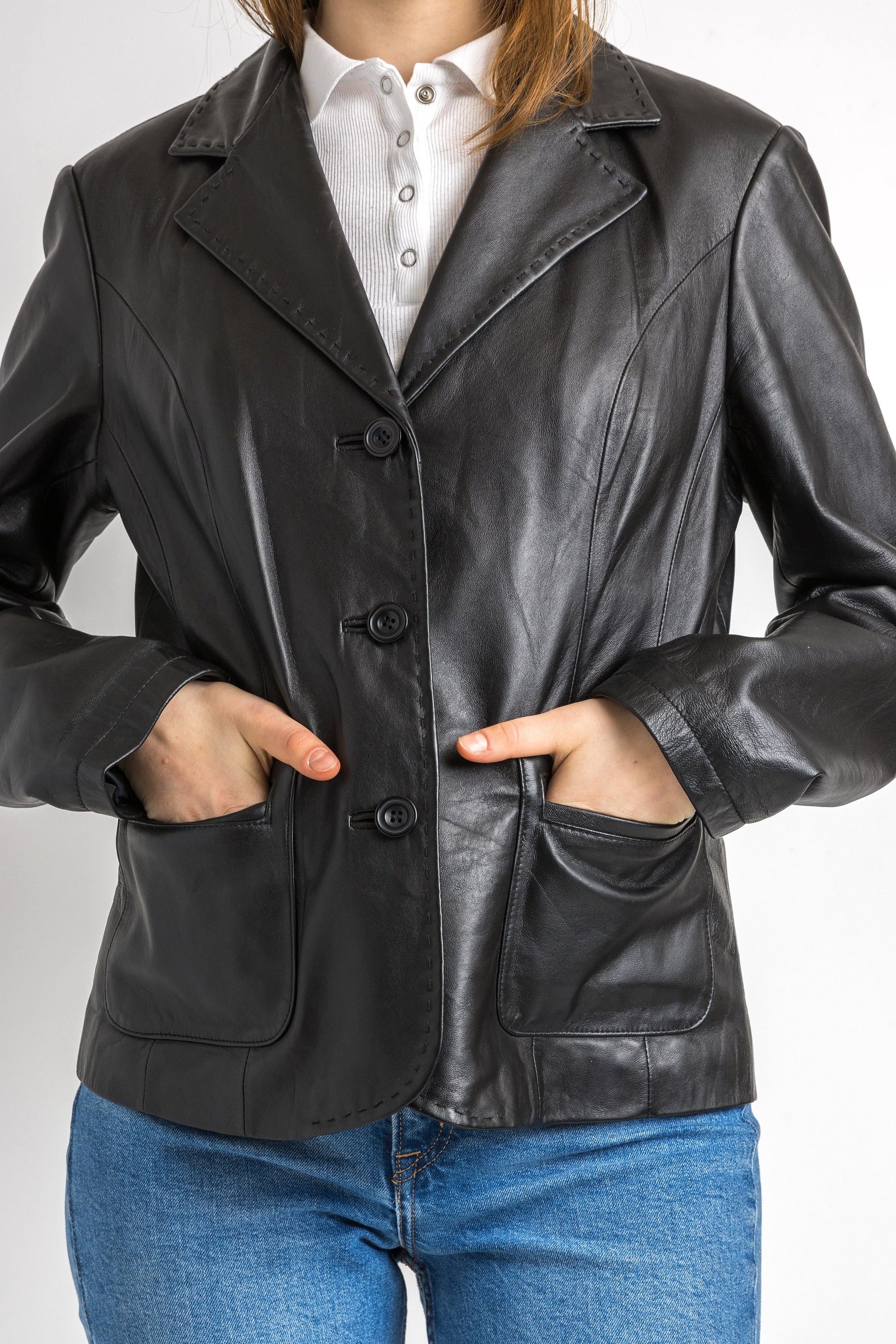 Black Leather Jacket Vintage 80s Minimalist Blazer Jacket Retro Leather Coat Longline Leather Jacket Women Vintage Clothing size Medium