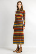 80s Vintage Missoni Italian Striped Turtleneck Rainbow Woman Small Dress with Long Sleeve Maxi Long Length