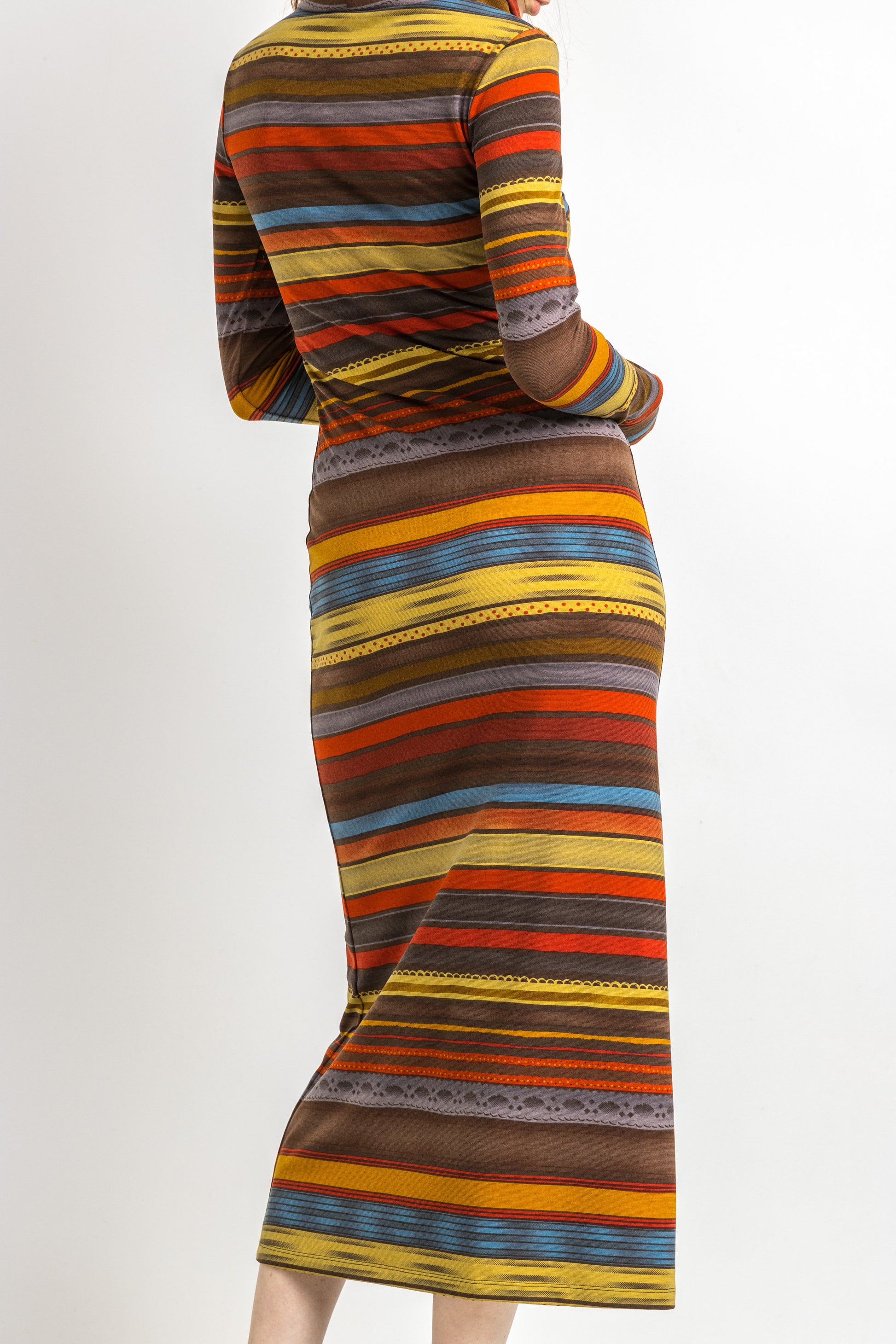 80s Vintage Missoni Italian Striped Turtleneck Rainbow Woman Small Dress with Long Sleeve Maxi Long Length