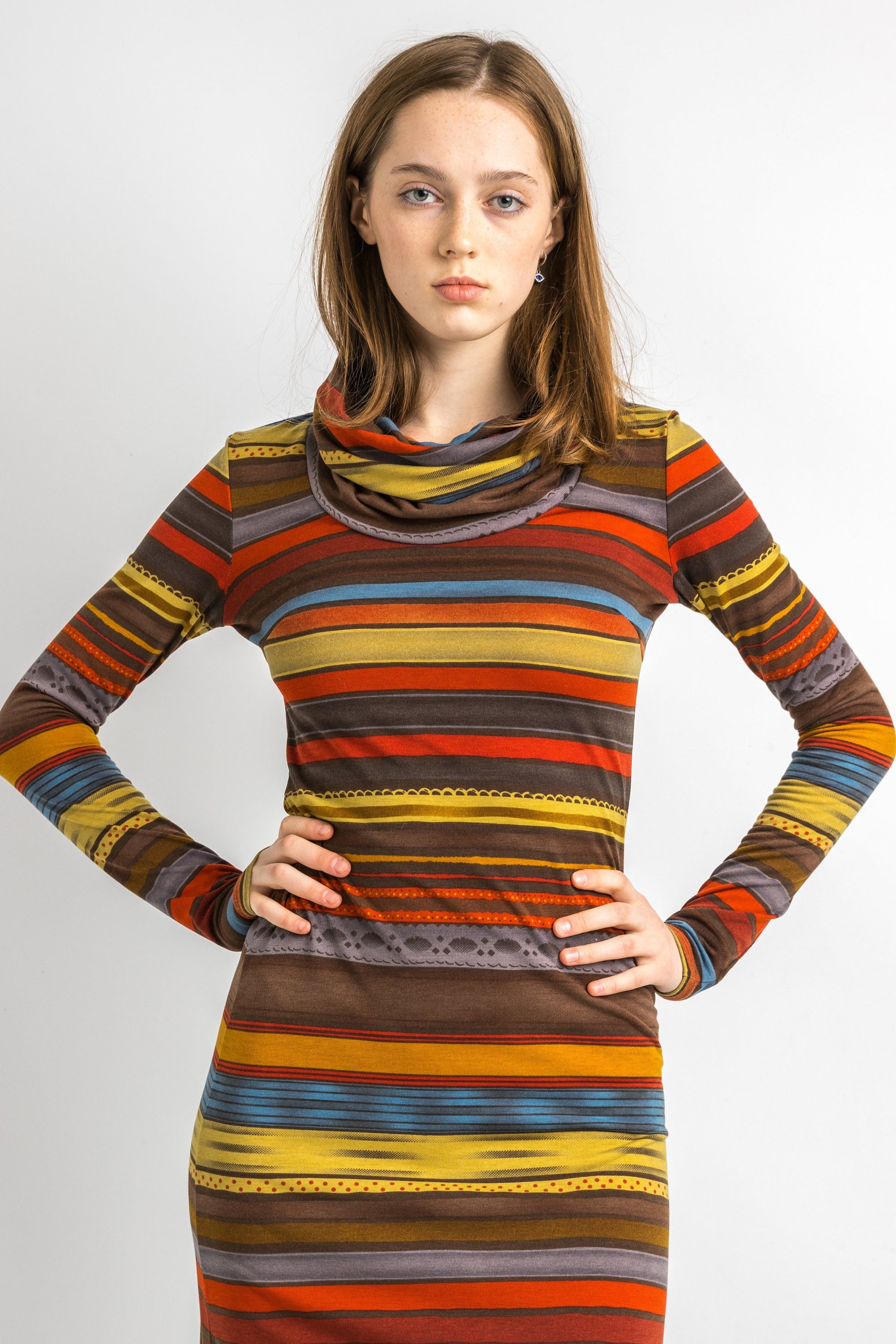 80s Vintage Missoni Italian Striped Turtleneck Rainbow Woman Small Dress with Long Sleeve Maxi Long Length