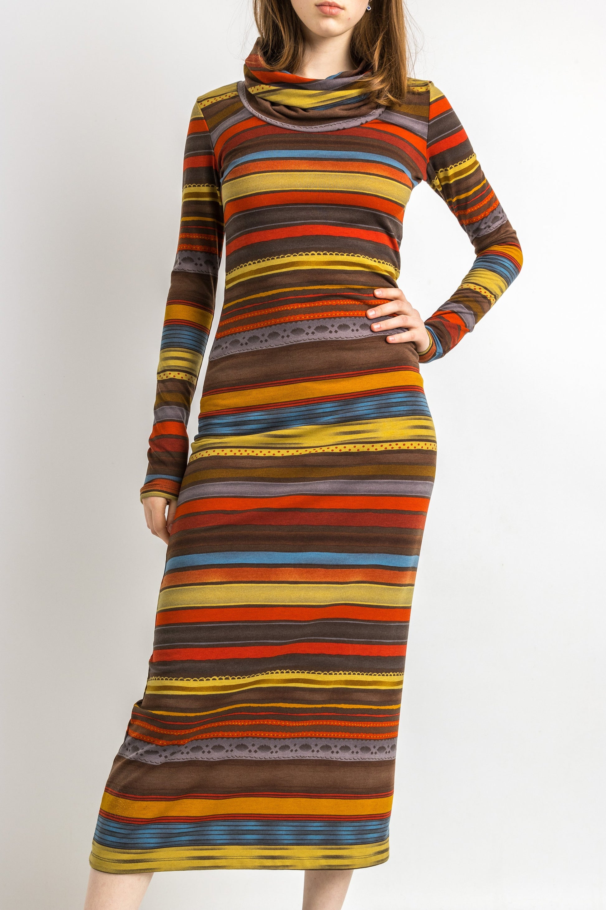 80s Vintage Missoni Italian Striped Turtleneck Rainbow Woman Small Dress with Long Sleeve Maxi Long Length