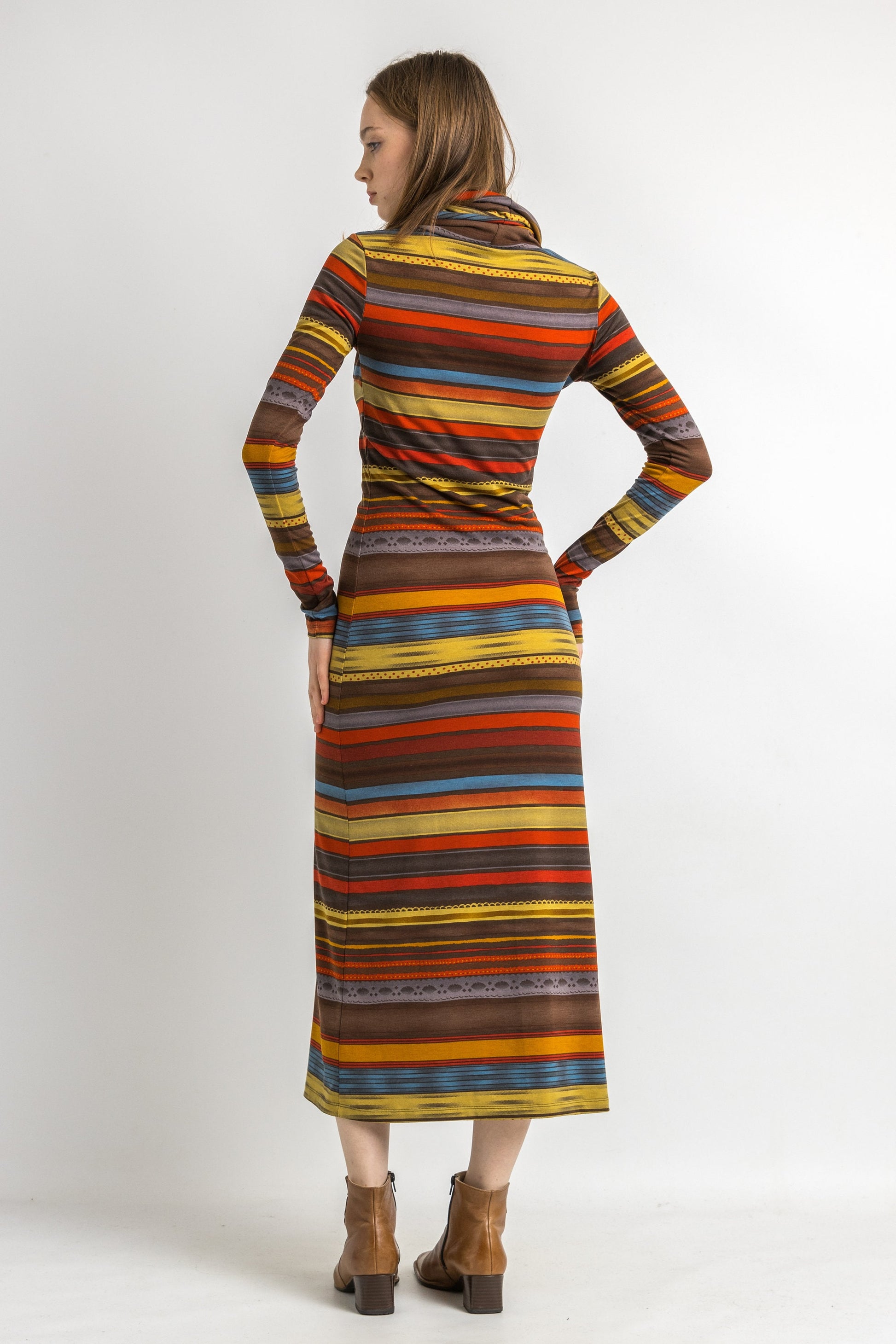 80s Vintage Missoni Italian Striped Turtleneck Rainbow Woman Small Dress with Long Sleeve Maxi Long Length