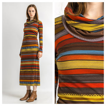 80s Vintage Missoni Italian Striped Turtleneck Rainbow Woman Small Dress with Long Sleeve Maxi Long Length