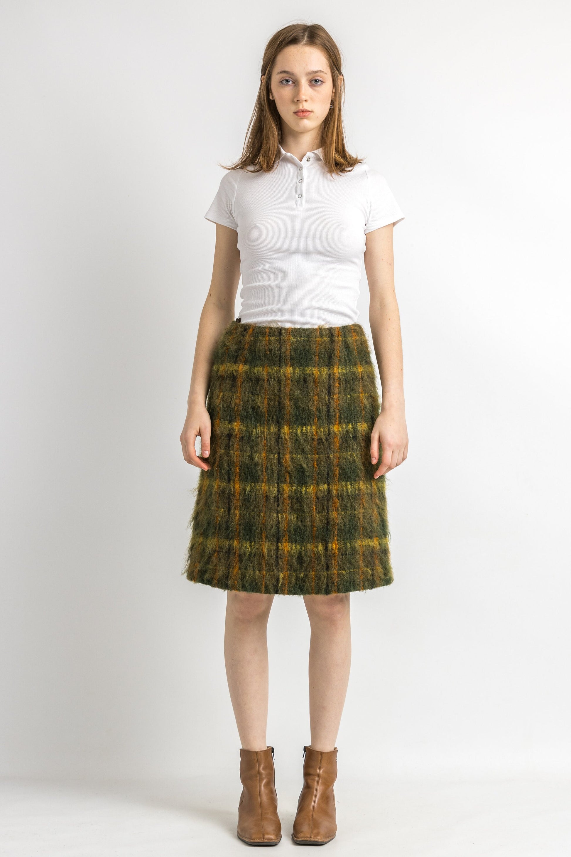 1980s Tartan Mohair Wool Check Knee Length Skirt size 36 Small