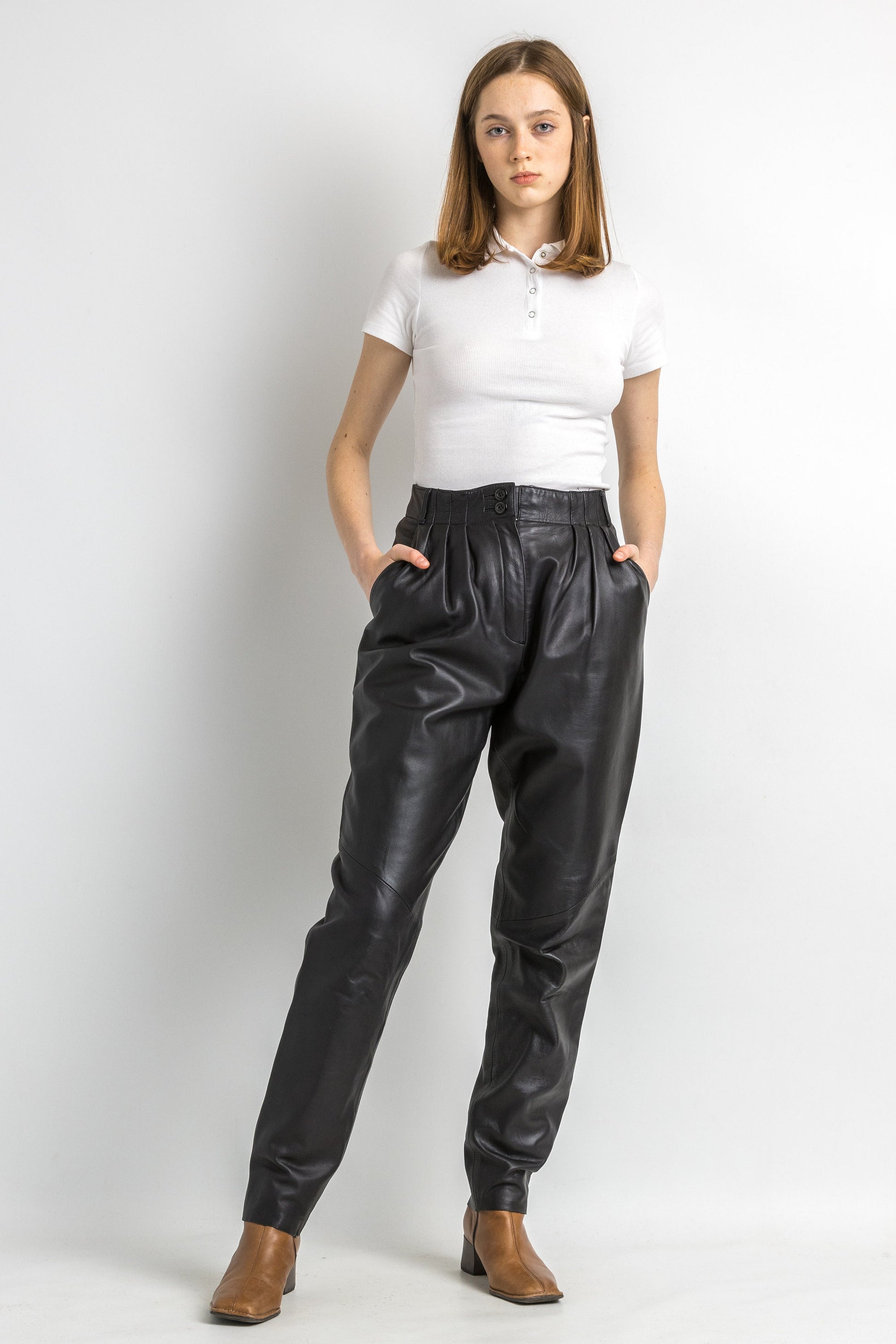 80s Vintage High Waisted Leather Woman Pants size 36/ Vintage woman leather trousers/ vintage woman clothing/ vintage woman