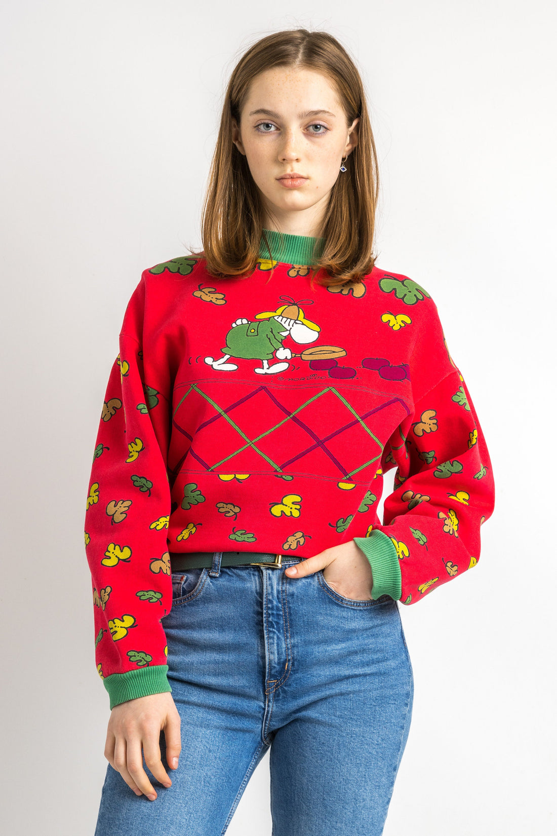 1980s Vintage Amoroso Red Retro Animal Graphic Print Woman Sweatshirt. Vintage Woman Red Green Jumper. Vintage Graphic Sweater