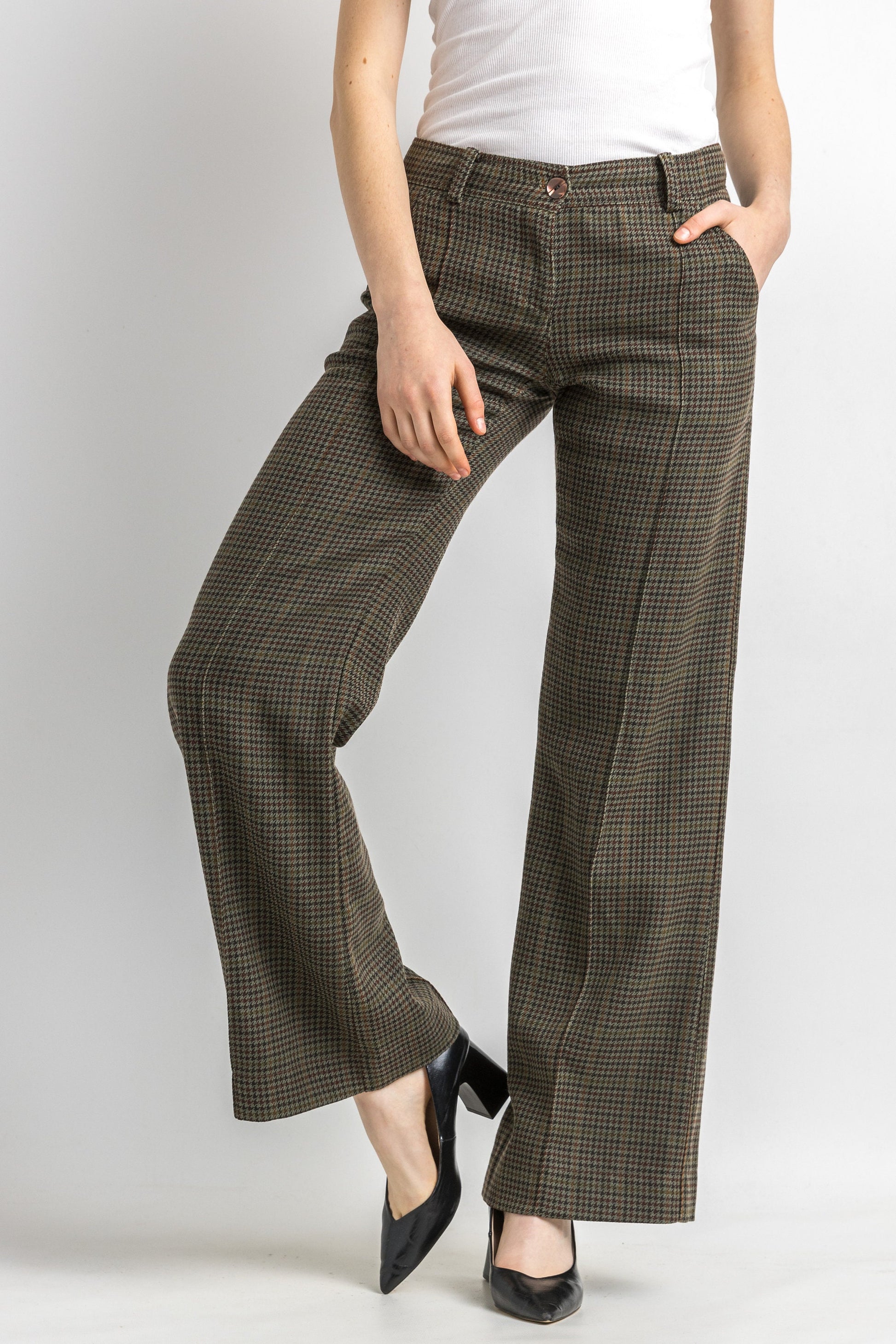 90s Vintage Vtg Rare Patrizia Pepe Brown Fall 100% Wool Checked Mid Waisted Moms Trousers size 42 Small