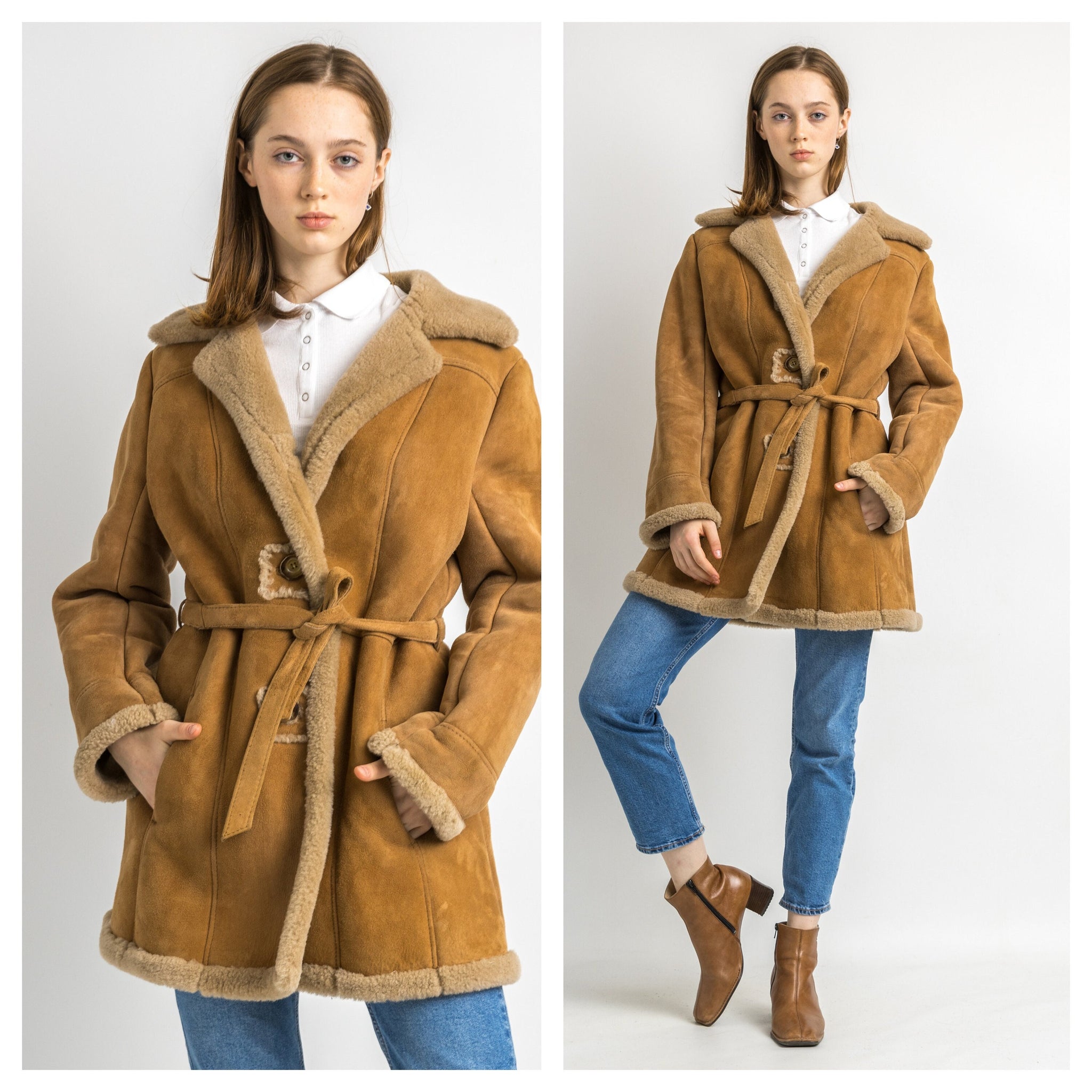 Women Sheepskin Coat 80s, Size M, Brown Suede Vintage Coat, Casual Slouchy Coat, Worn In Shearling Coat, Sustainable Winter Outerwear