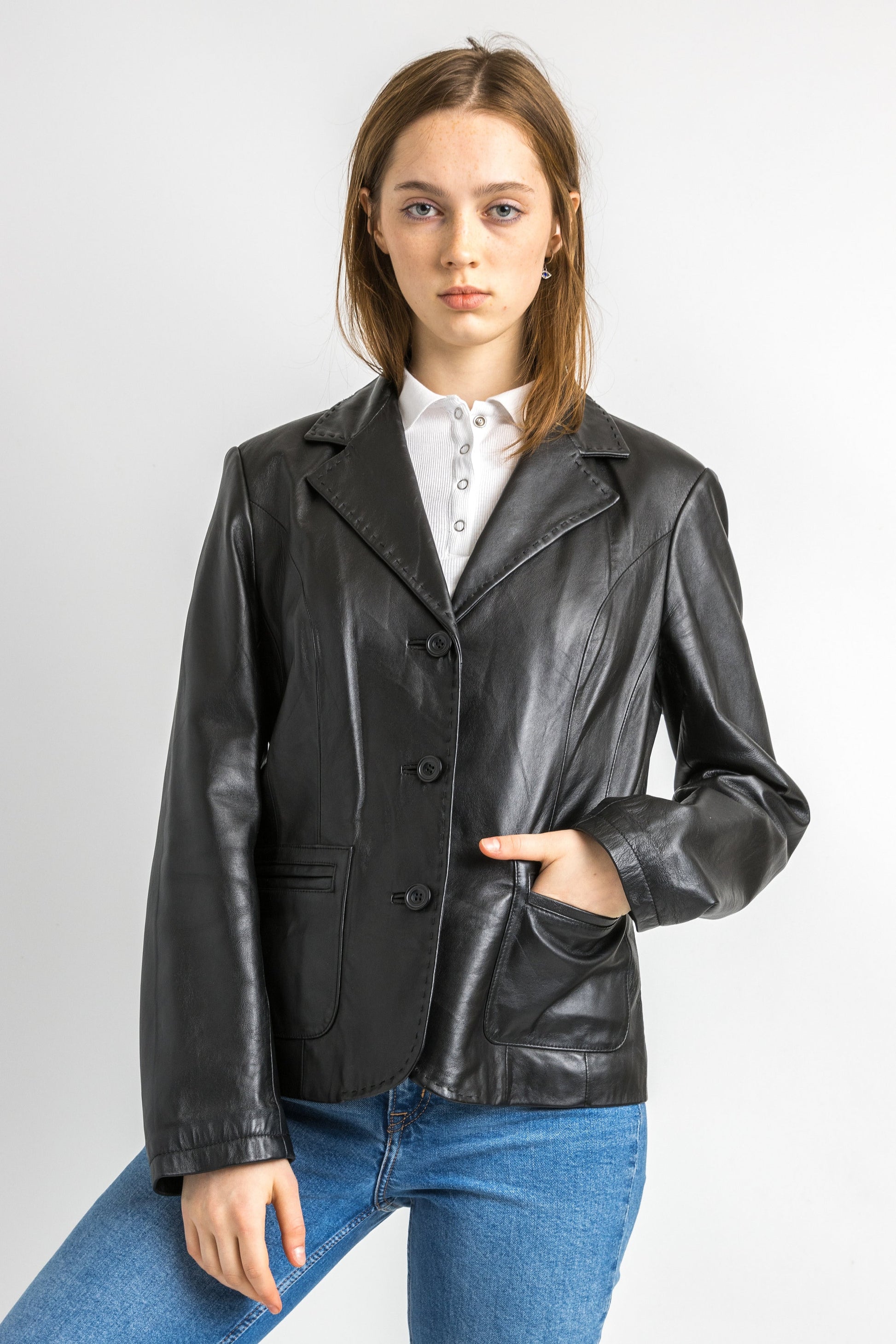 Black Leather Jacket Vintage 80s Minimalist Blazer Jacket Retro Leather Coat Longline Leather Jacket Women Vintage Clothing size Medium