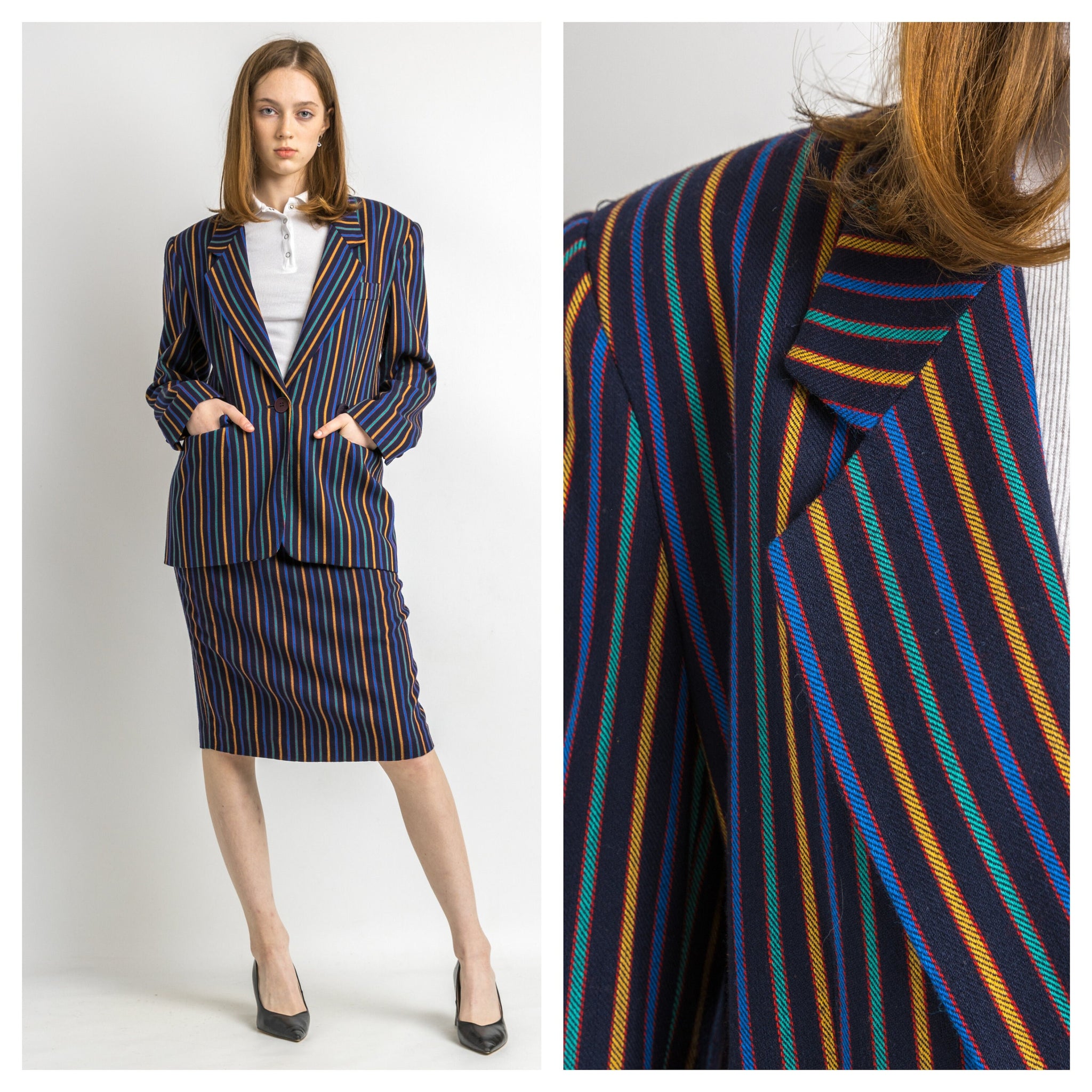 80s Vintage Christian Dior made in USA Striped Pencil Skirt Long Old Money Blazer Woman Suit size 10 fits S-M