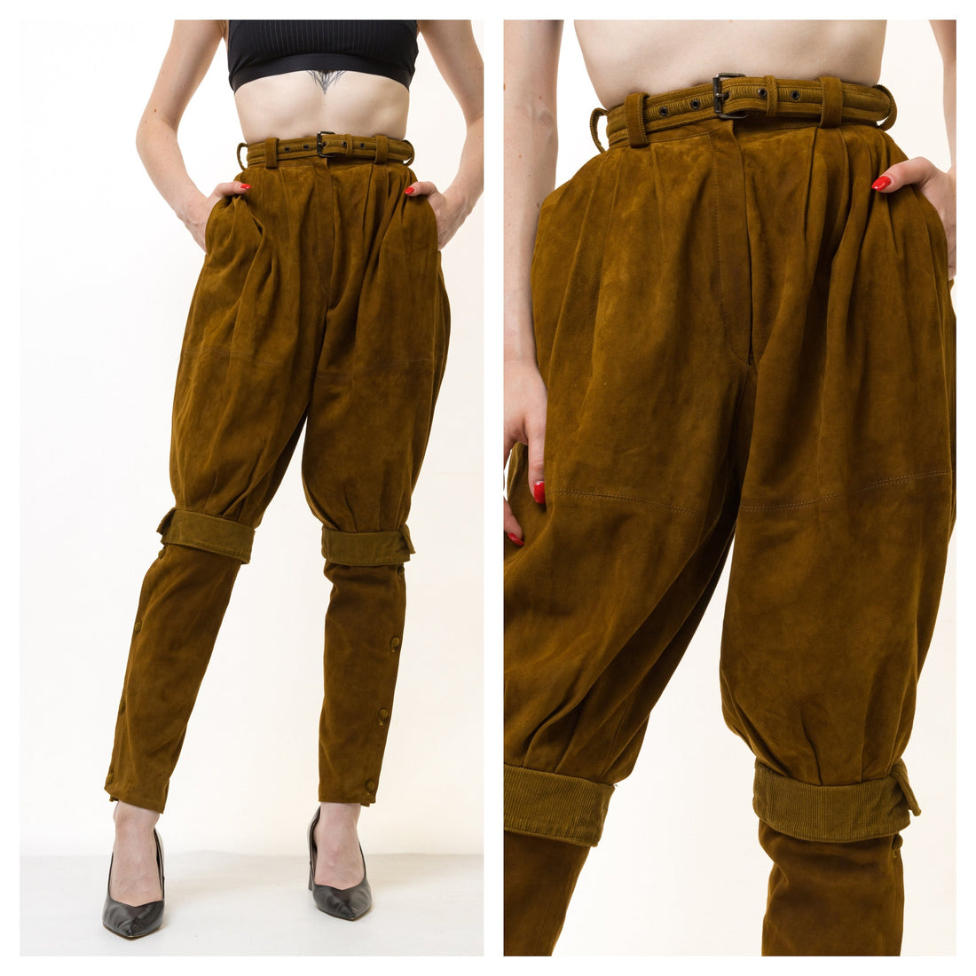 1981 Vintage Gianni Versace High-waisted Brown Balloon Pants 100% Suede Leather size I38 F36 USA4