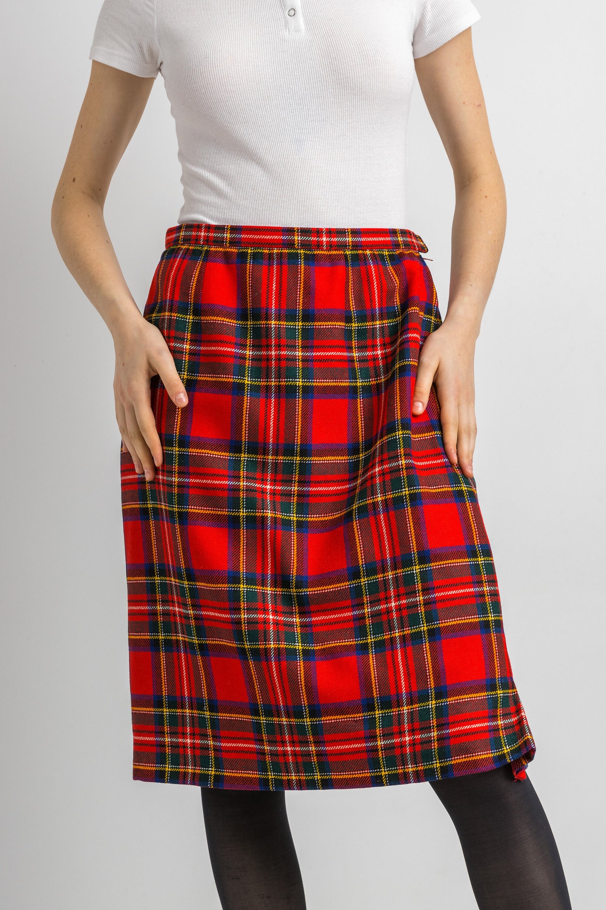 80s Vintage Tartan Plaid Wool Scottish Kilt, Midi Skirt in Red