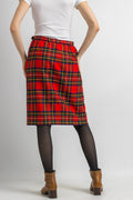 80s Vintage Tartan Plaid Wool Scottish Kilt, Midi Skirt in Red