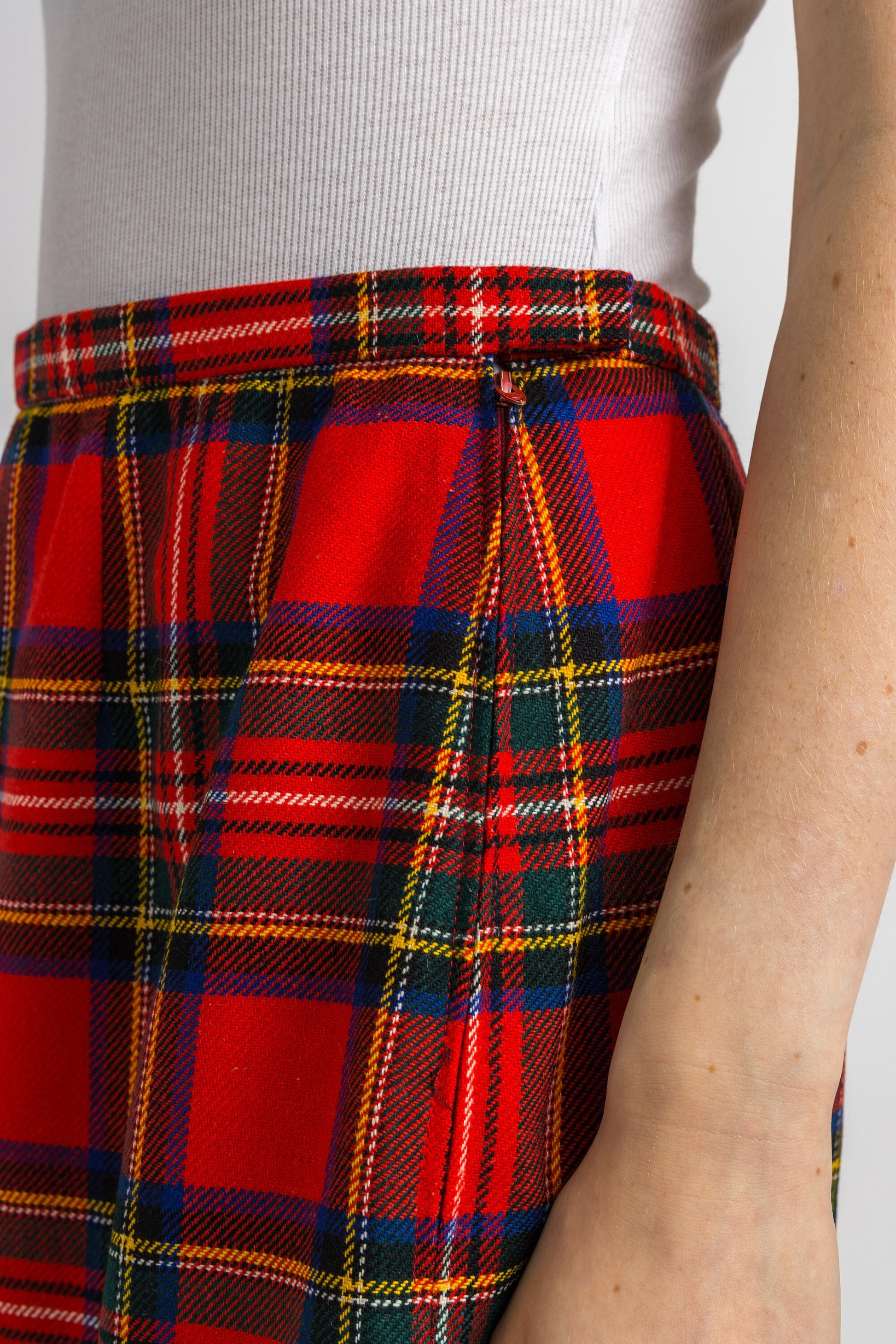 80s Vintage Tartan Plaid Wool Scottish Kilt, Midi Skirt in Red