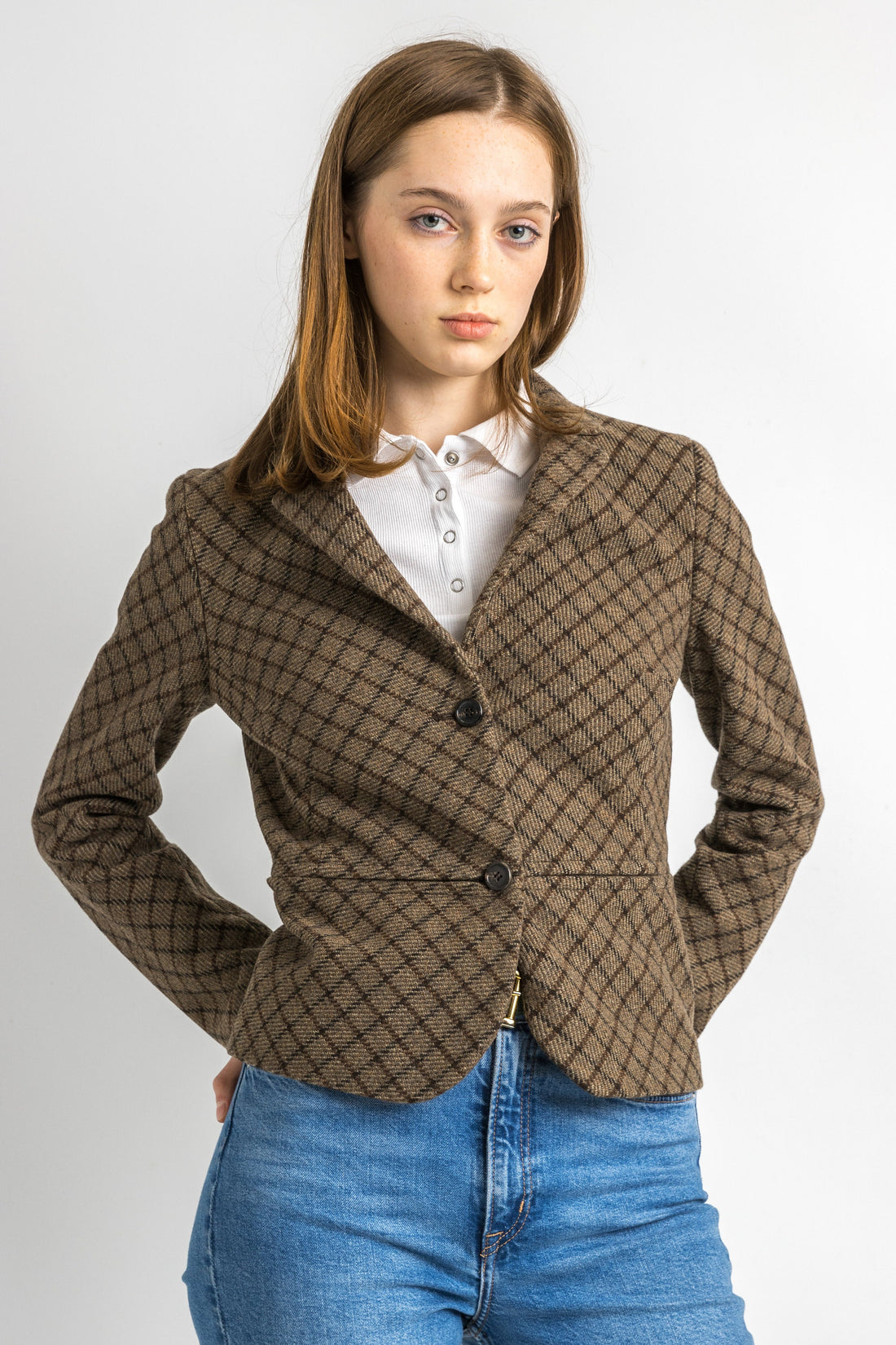 90s Woman Wool Lana Checked ETRO Milano Gray Blazer size It 44 fits Small