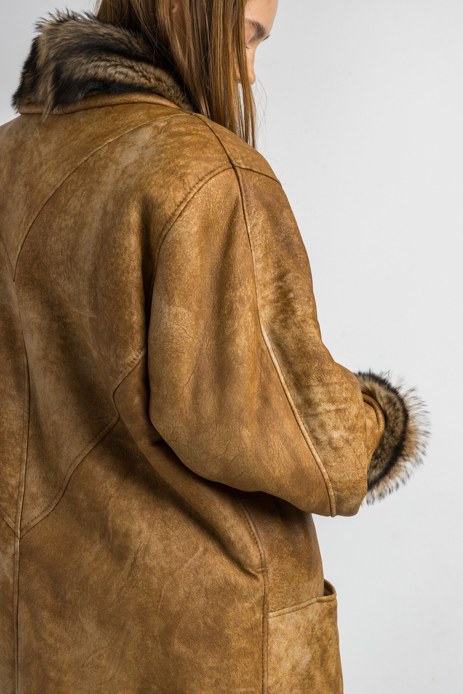 Sheepskin Leather Coat 80s, Size L Brown Shearling Fur Coat, Brown Sheepskin Overcoat, Vintage Sheepskin Coat, Penny Lane, Winter Outerwear