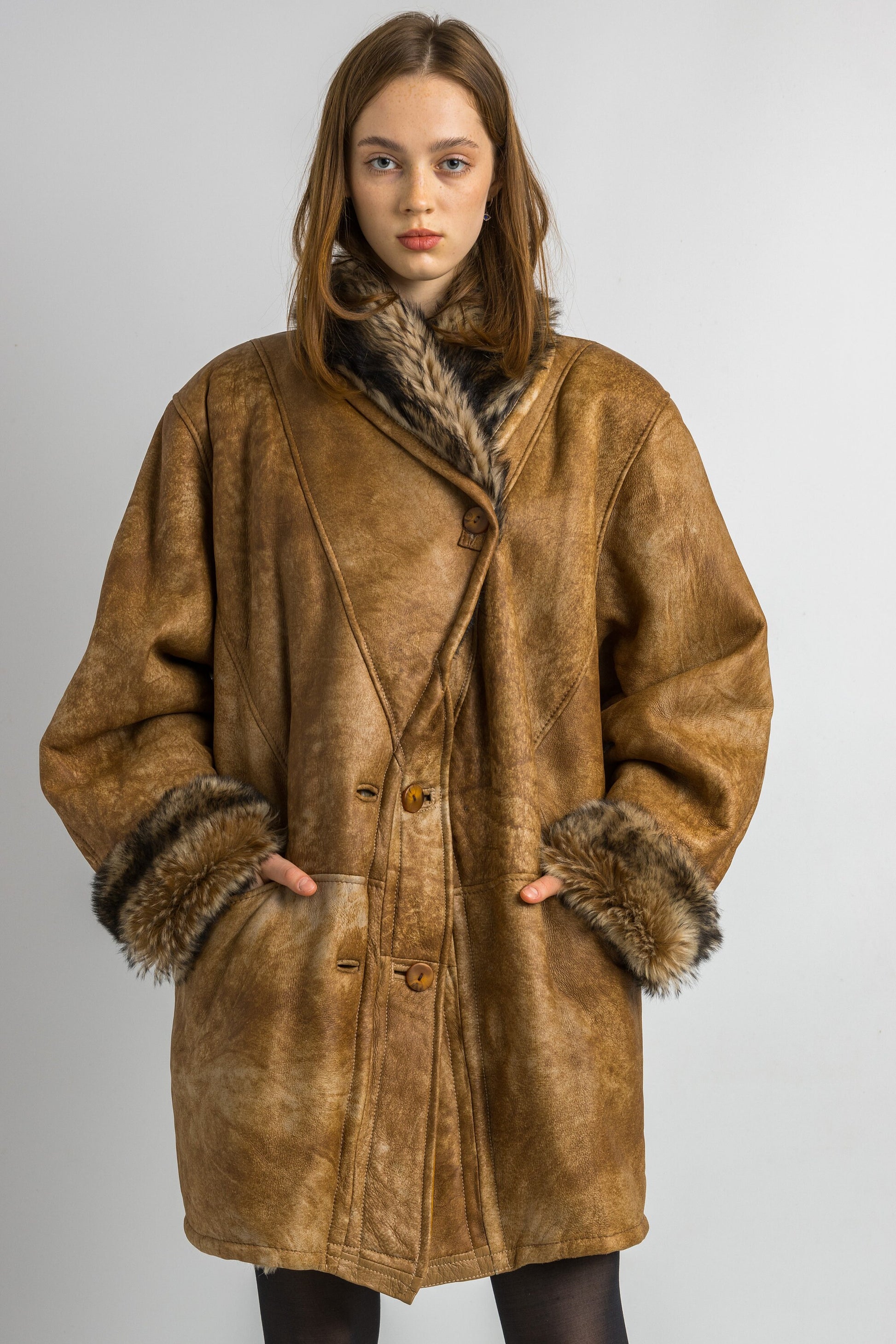 Sheepskin Leather Coat 80s, Size L Brown Shearling Fur Coat, Brown Sheepskin Overcoat, Vintage Sheepskin Coat, Penny Lane, Winter Outerwear